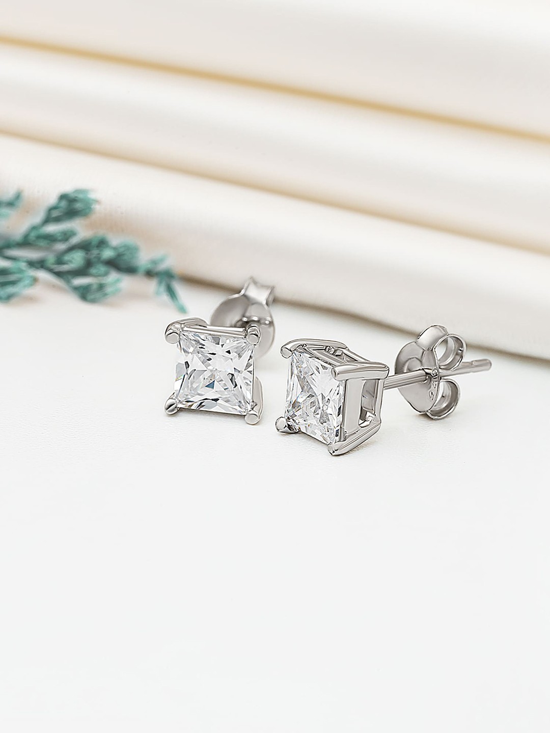 

SILBERRY 92.5 Sterling Silver Rhodium-Plated Cubic Zirconia Studded Stud Earrings