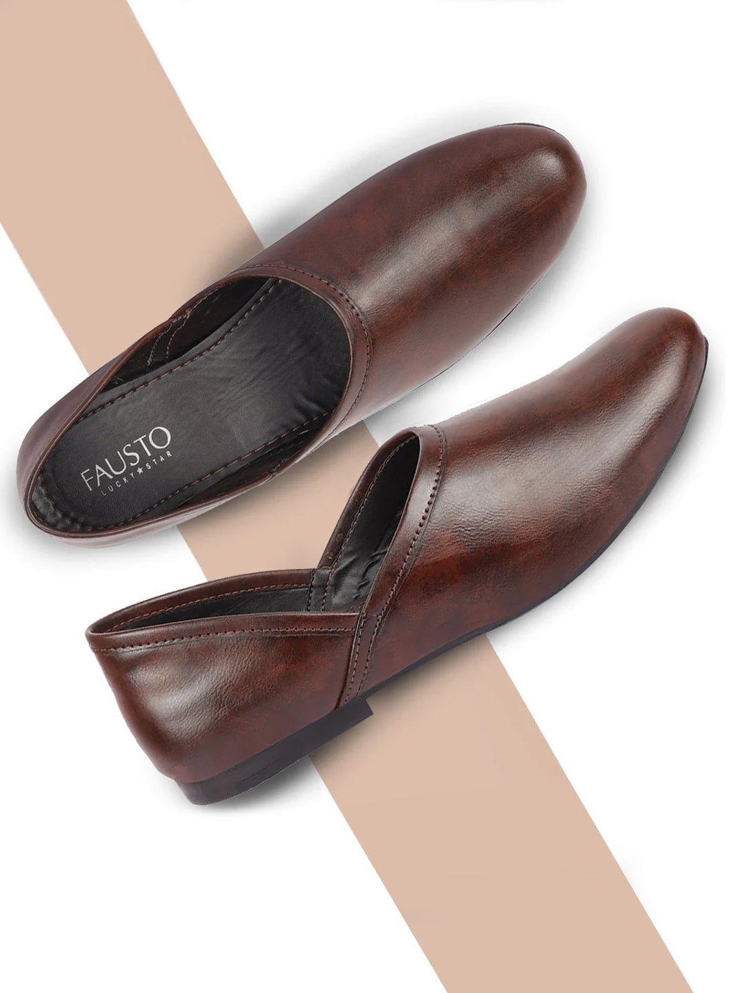

FAUSTO Men Textured Round Toe Lightweight Mojaris, Brown