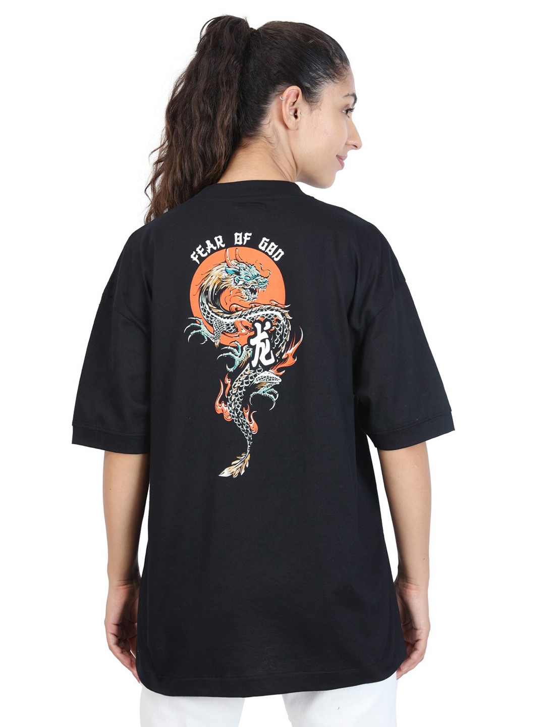 

ZU Printed Drop-Shoulder Sleeves Applique T-shirt, Black