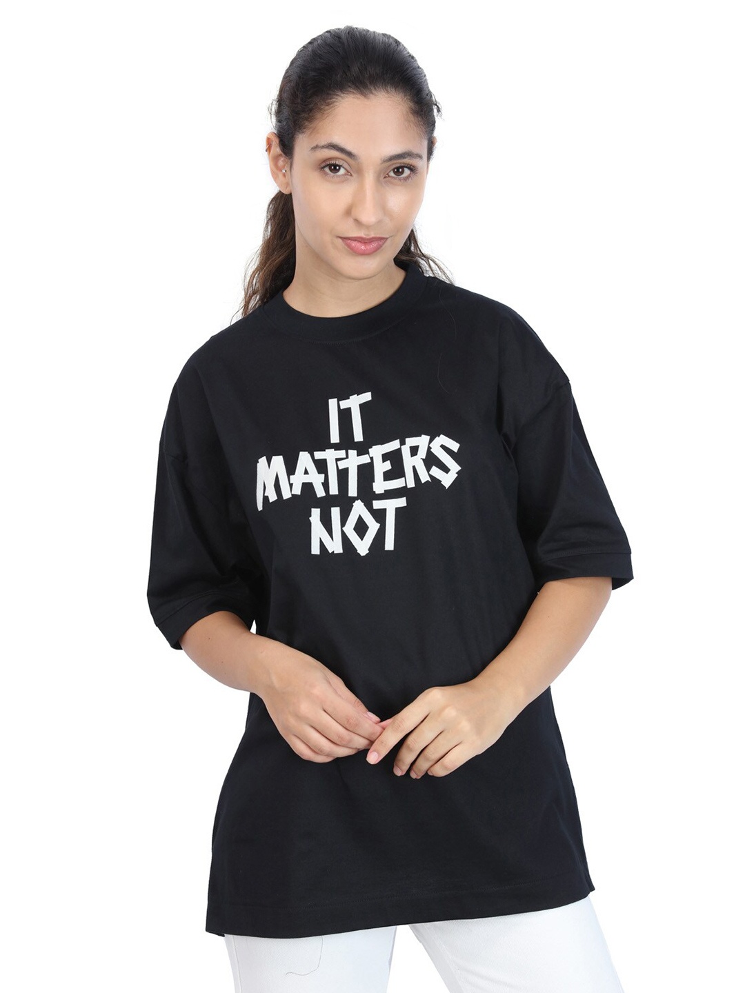 

ZU Typography Printed Round Neck Drop-Shoulder Sleeves Cotton Oversized T-shirt, Black