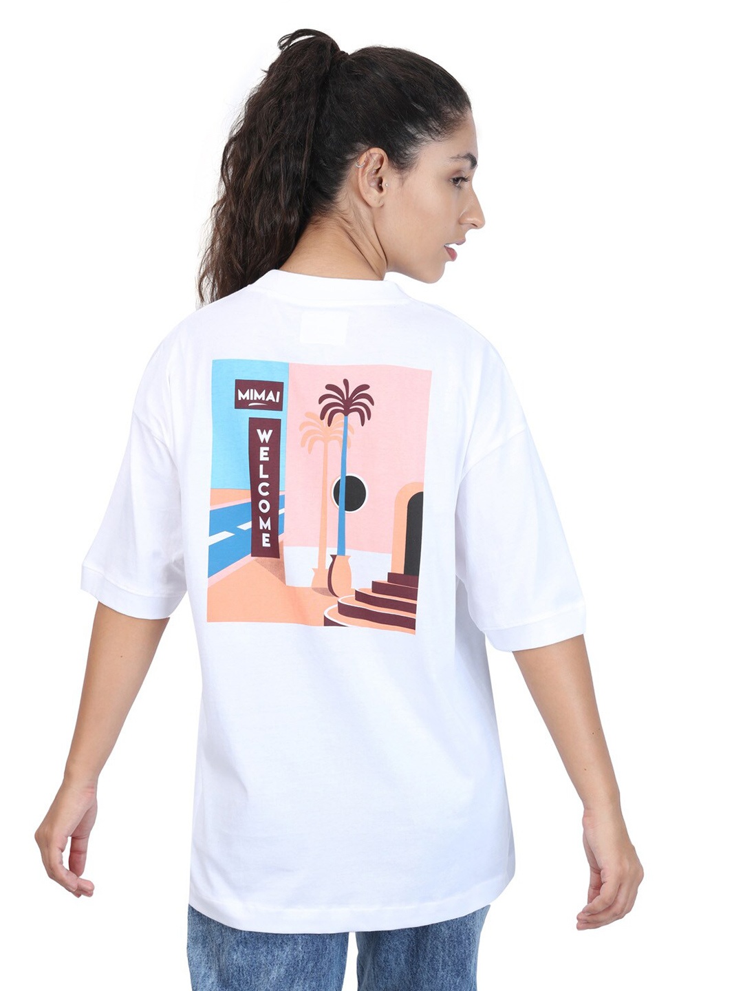

ZU Typography Printed Round Neck Drop-Shoulder Sleeves Cotton Oversized T-shirt, White