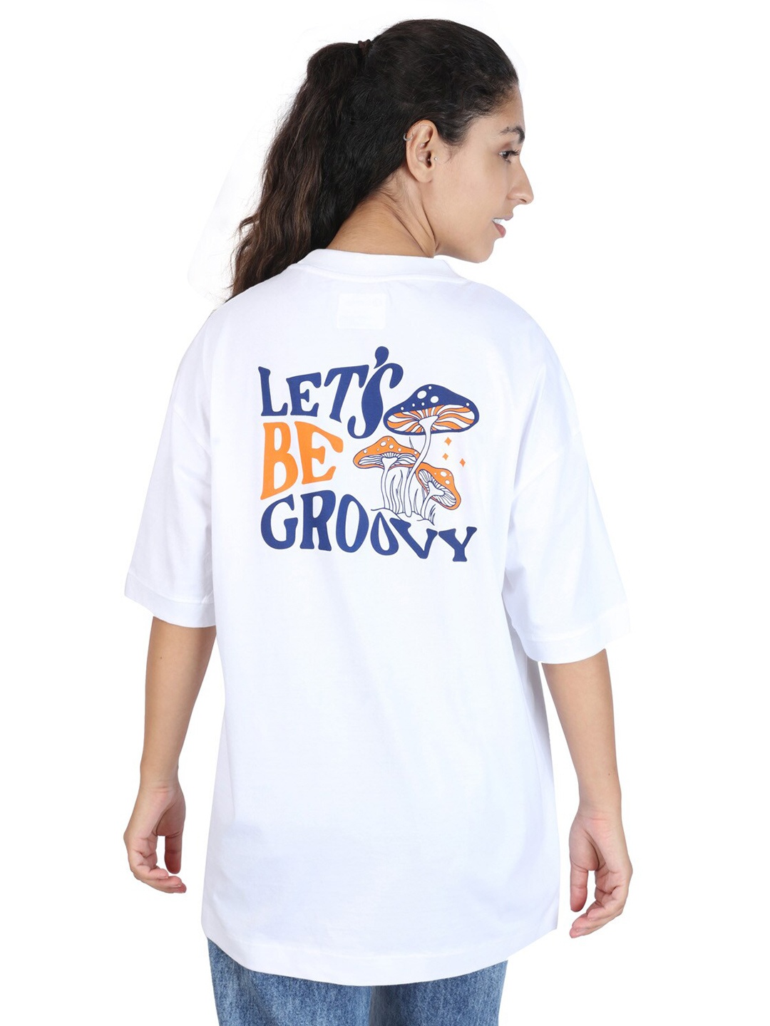 

ZU Typography Printed Drop-Shoulder Sleeves Cotton Longline Oversized T-shirt, White