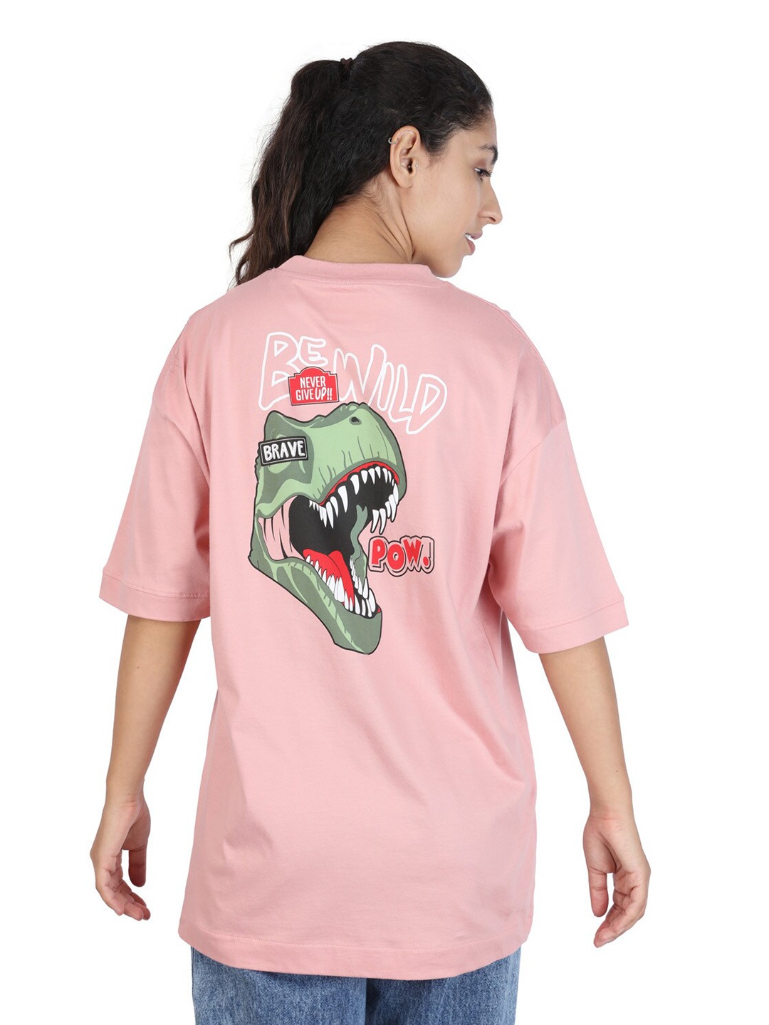 

ZU Graphic Printed Drop-Shoulder Sleeves Cotton Longline Oversized T-shirt, Pink