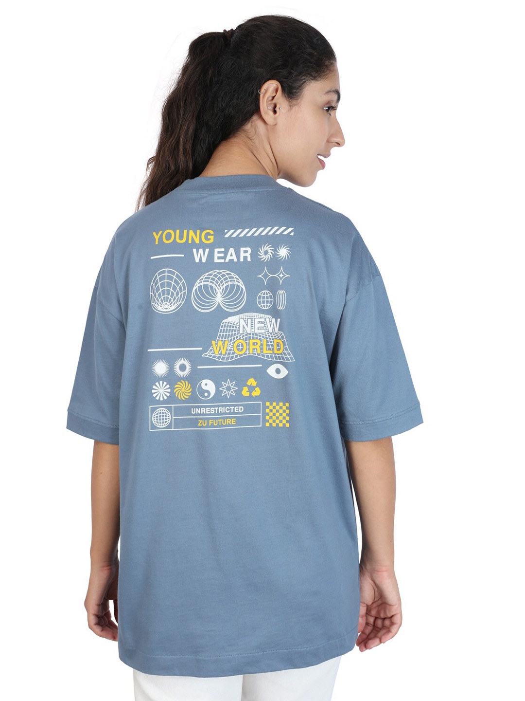 

ZU Oversized Relaxed Fit Round Neck Half Sleeves Cotton T-shirt, Blue