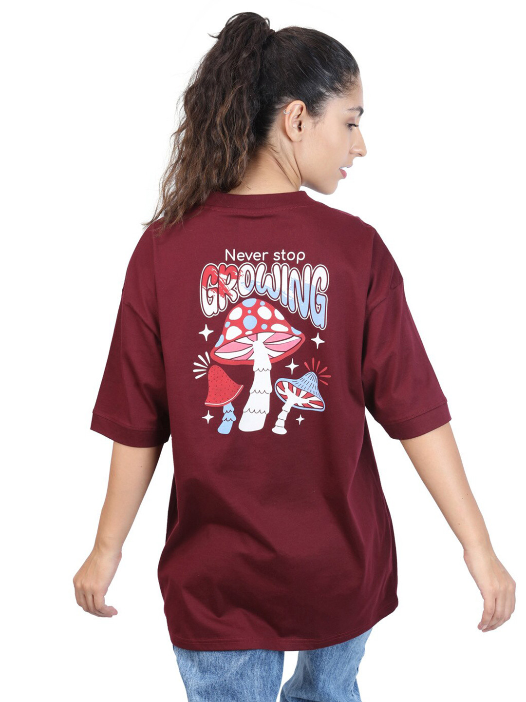 

ZU Graphic Printed Pure Cotton Oversized Relaxed Fit T-shirt, Maroon
