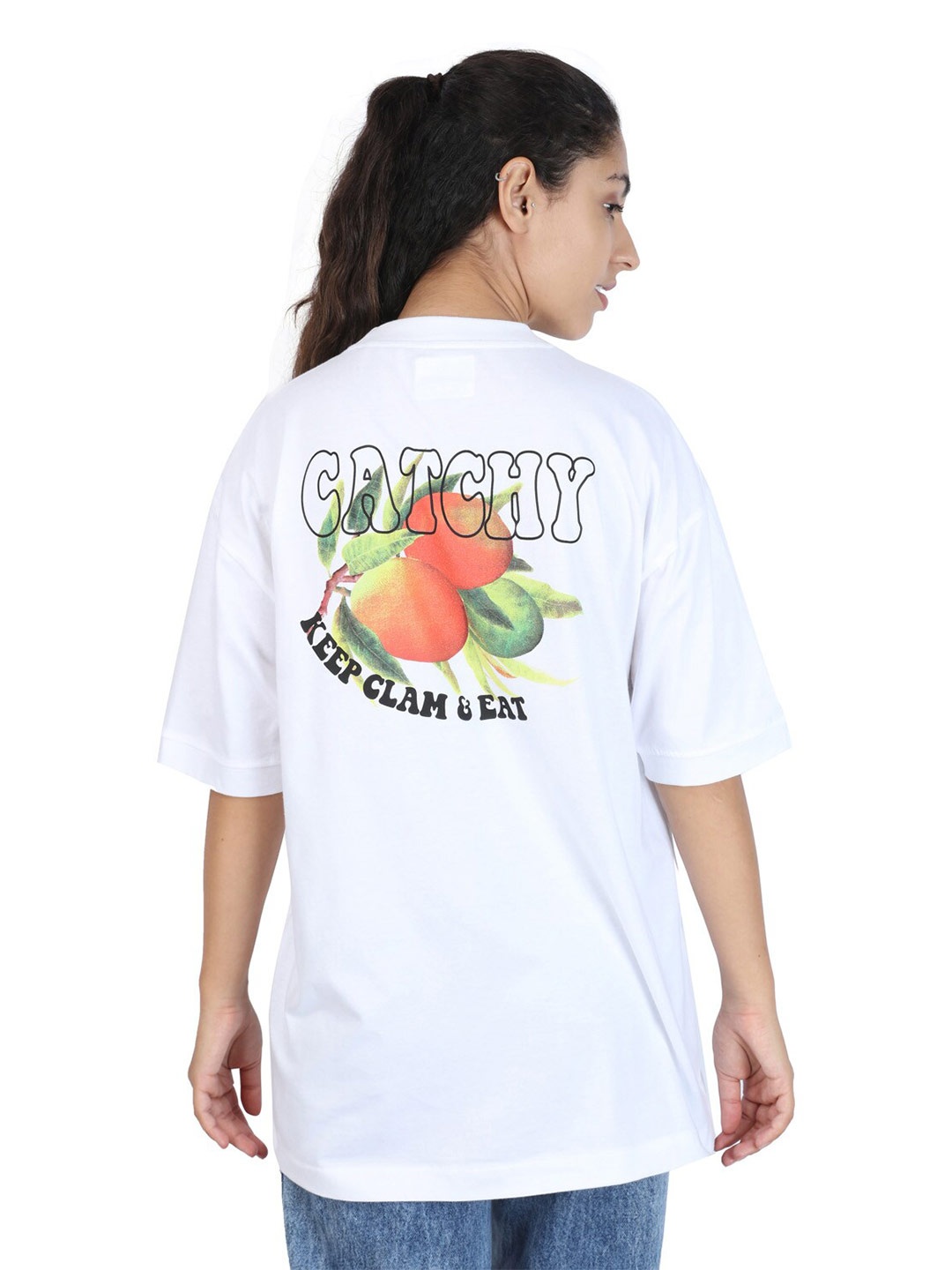 

ZU Typography Printed Round Neck Drop-Shoulder Sleeves Cotton Oversized T-shirt, White