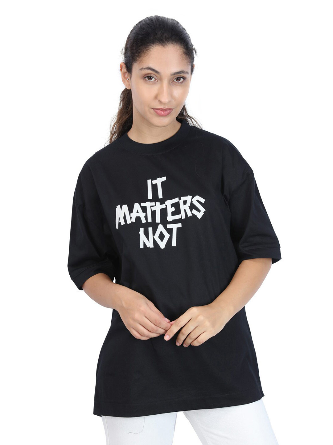 

ZU Printed Round Neck Cotton Oversized T-shirt, Black