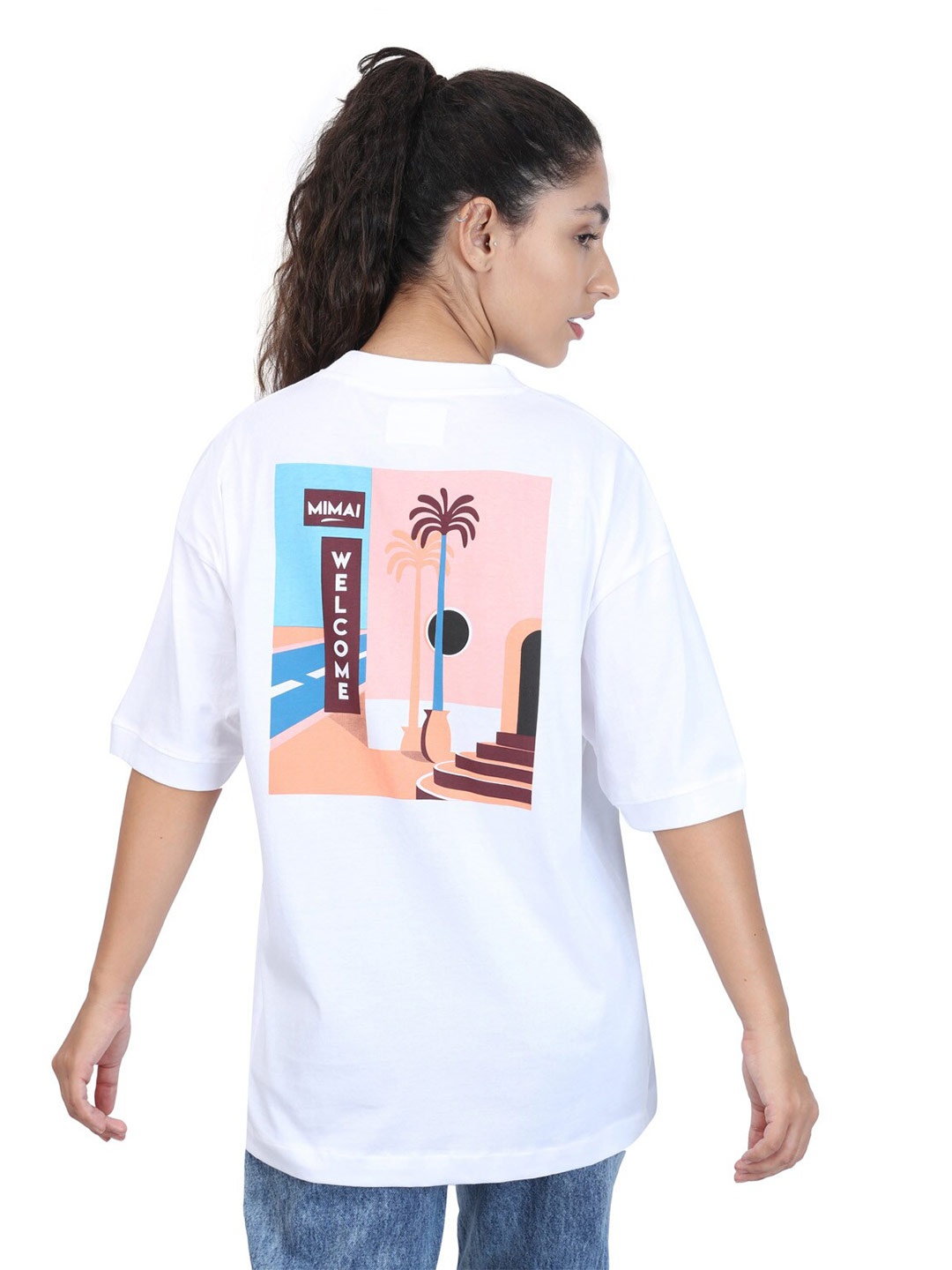 

ZU Printed Round Neck Drop-Shoulder Sleeves Cotton Oversized T-shirt, White