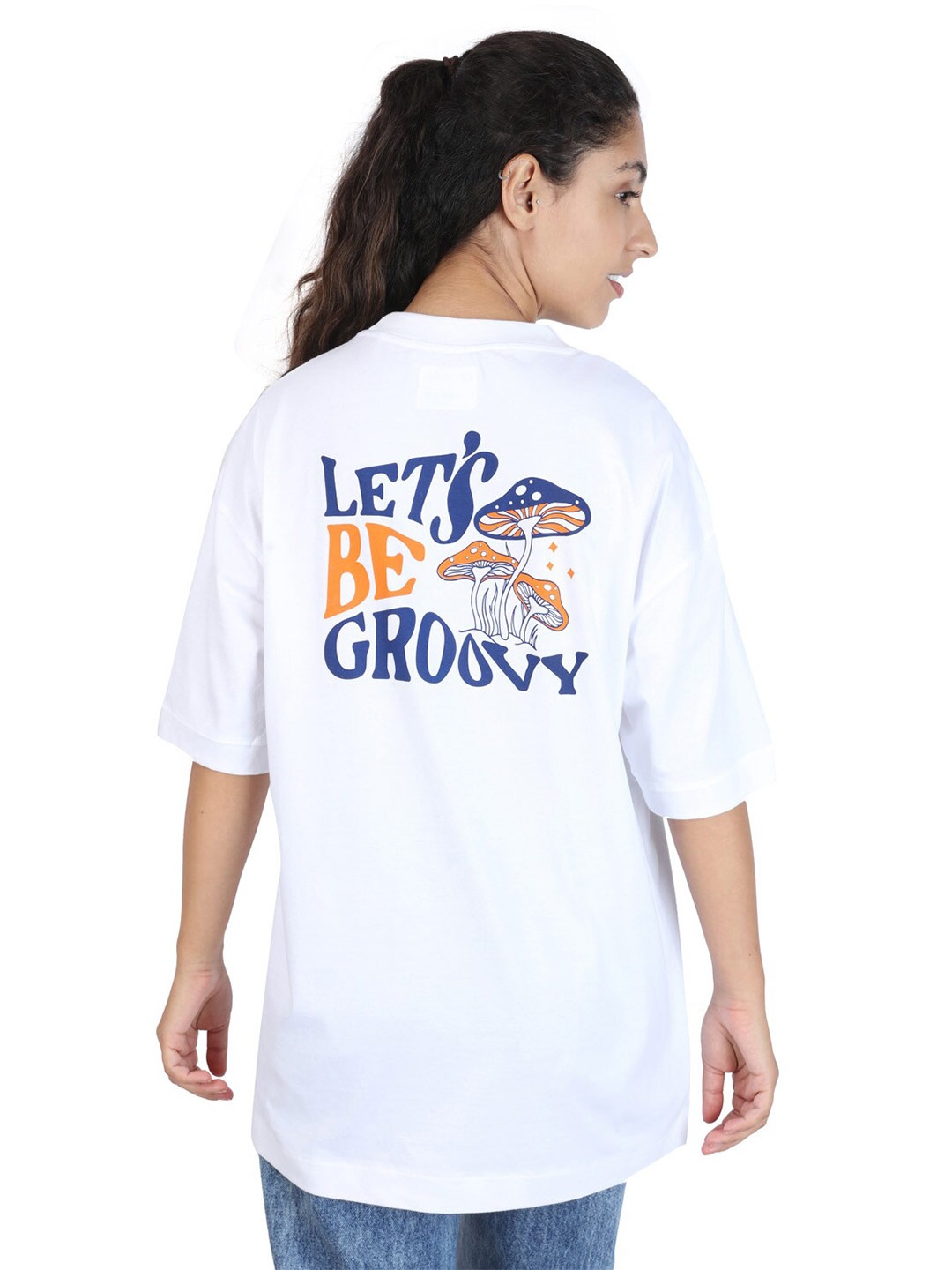 

ZU Typography Printed Drop-Shoulder Sleeves Cotton Longline Oversized T-shirt, White