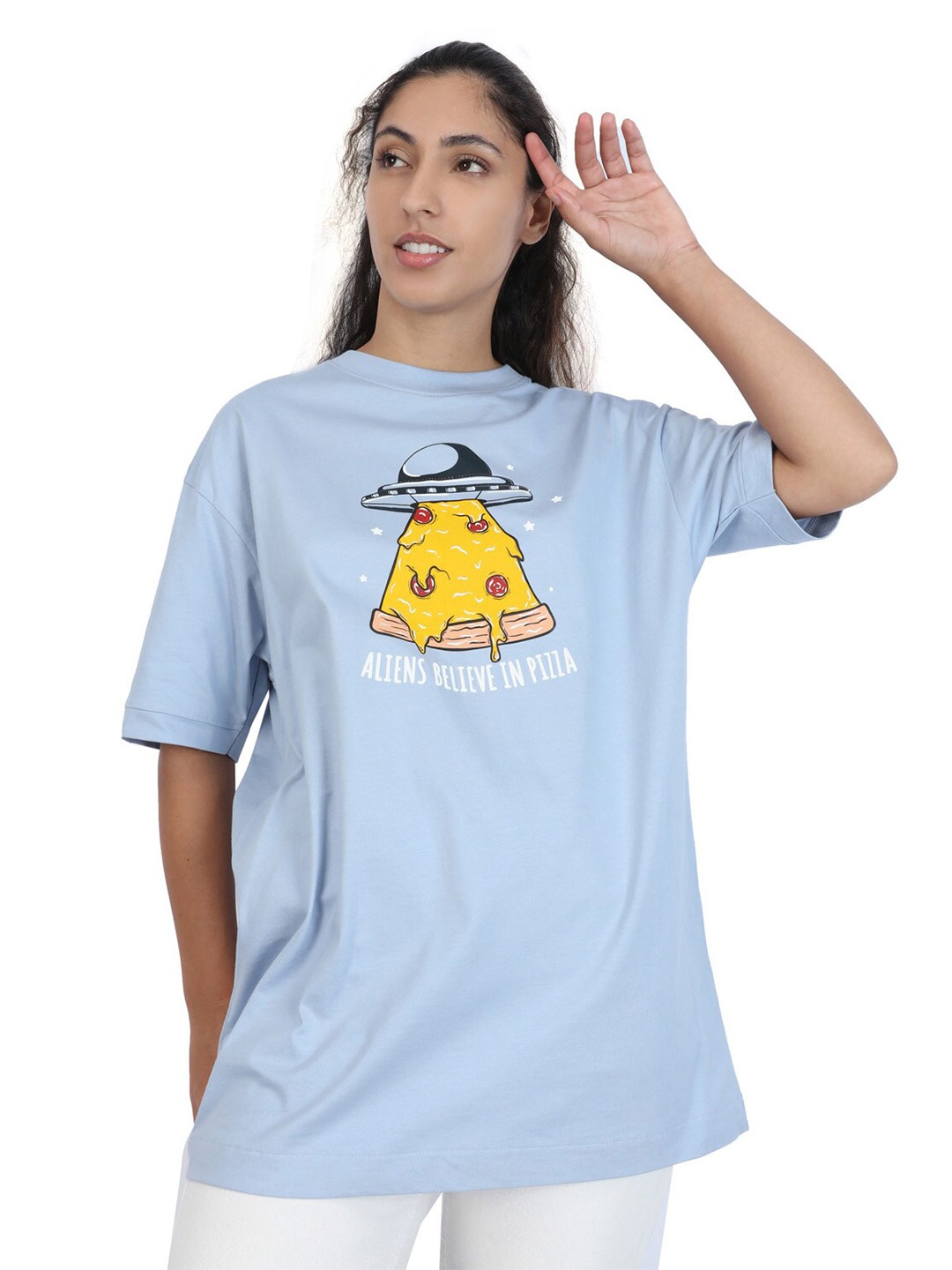 

ZU Graphic Printed Pure Cotton Oversized Relaxed Fit T-shirt, Turquoise blue