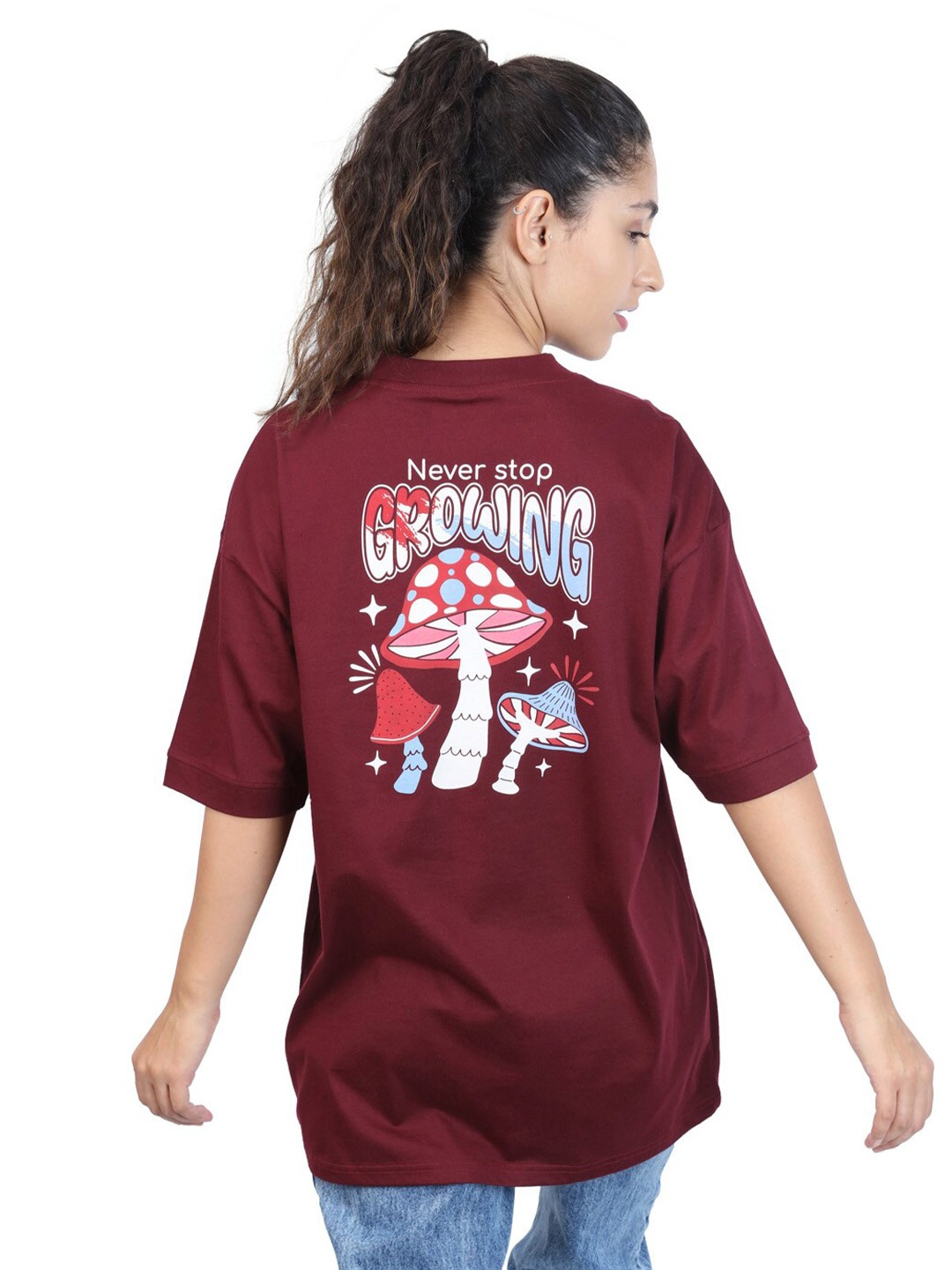 

ZU Printed Round Neck Cotton Oversized T-shirt, Maroon