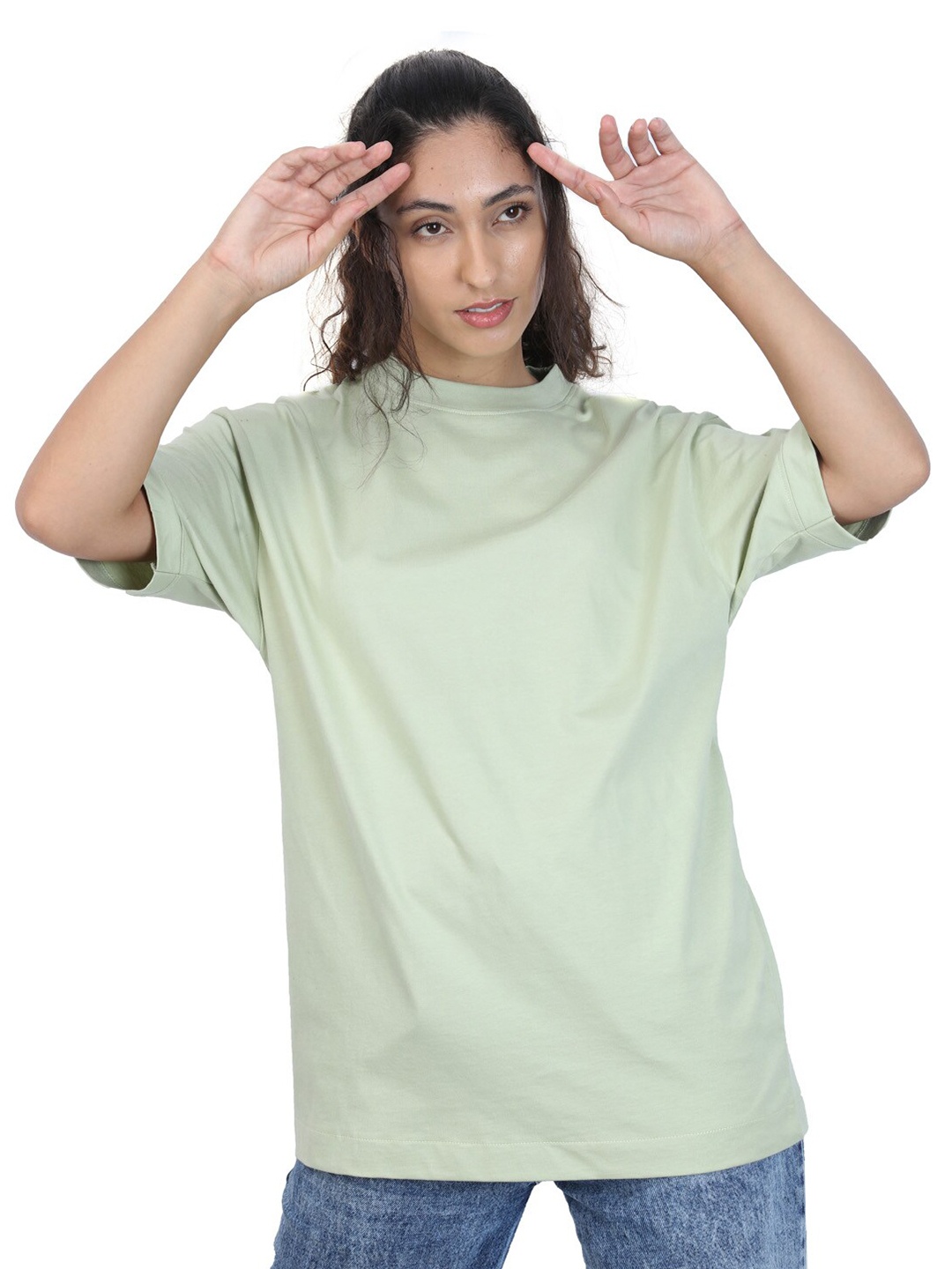 

ZU Round Neck Drop-Shoulder Sleeves Cotton Oversized T-shirt, Green