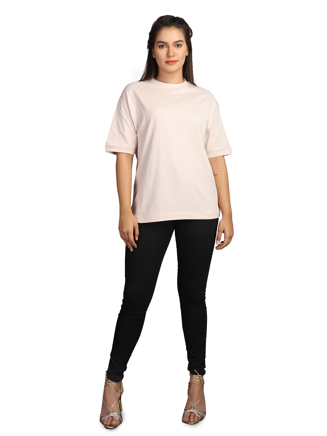 

ZU Oversized Drop-Shoulder Sleeves Round Neck Pure Cotton T-shirt, Beige