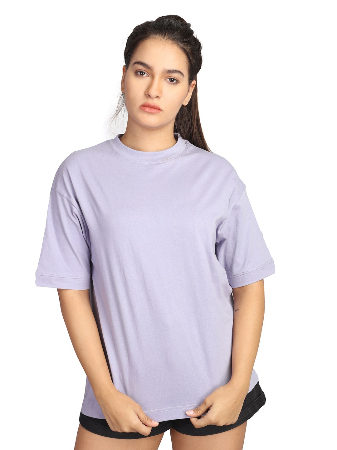 

ZU Oversized Drop-Shoulder Sleeves Pure Cotton Raw Edge T-shirt, Lavender