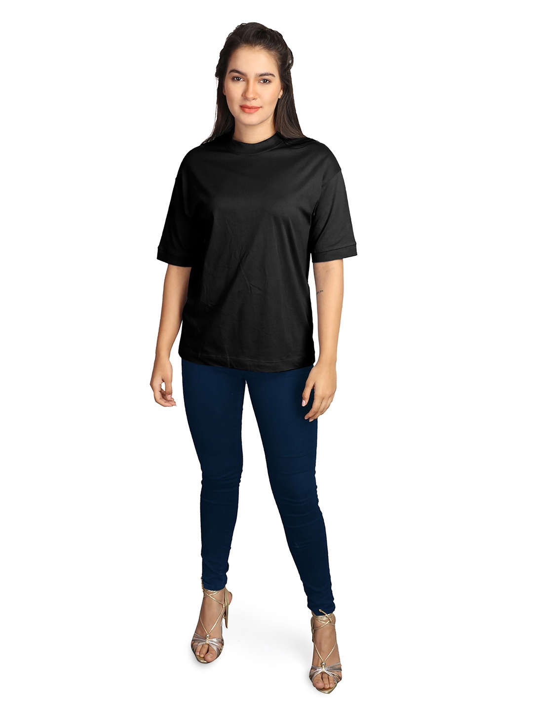 

ZU Oversized Drop-Shoulder Sleeves Round Neck Pure Cotton T-shirt, Black