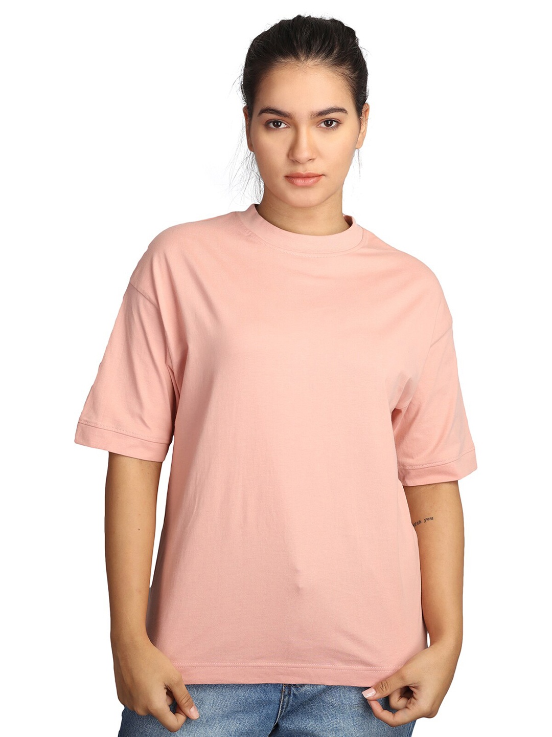 

ZU Oversized Drop-Shoulder Sleeves Round Neck Pure Cotton T-shirt, Pink