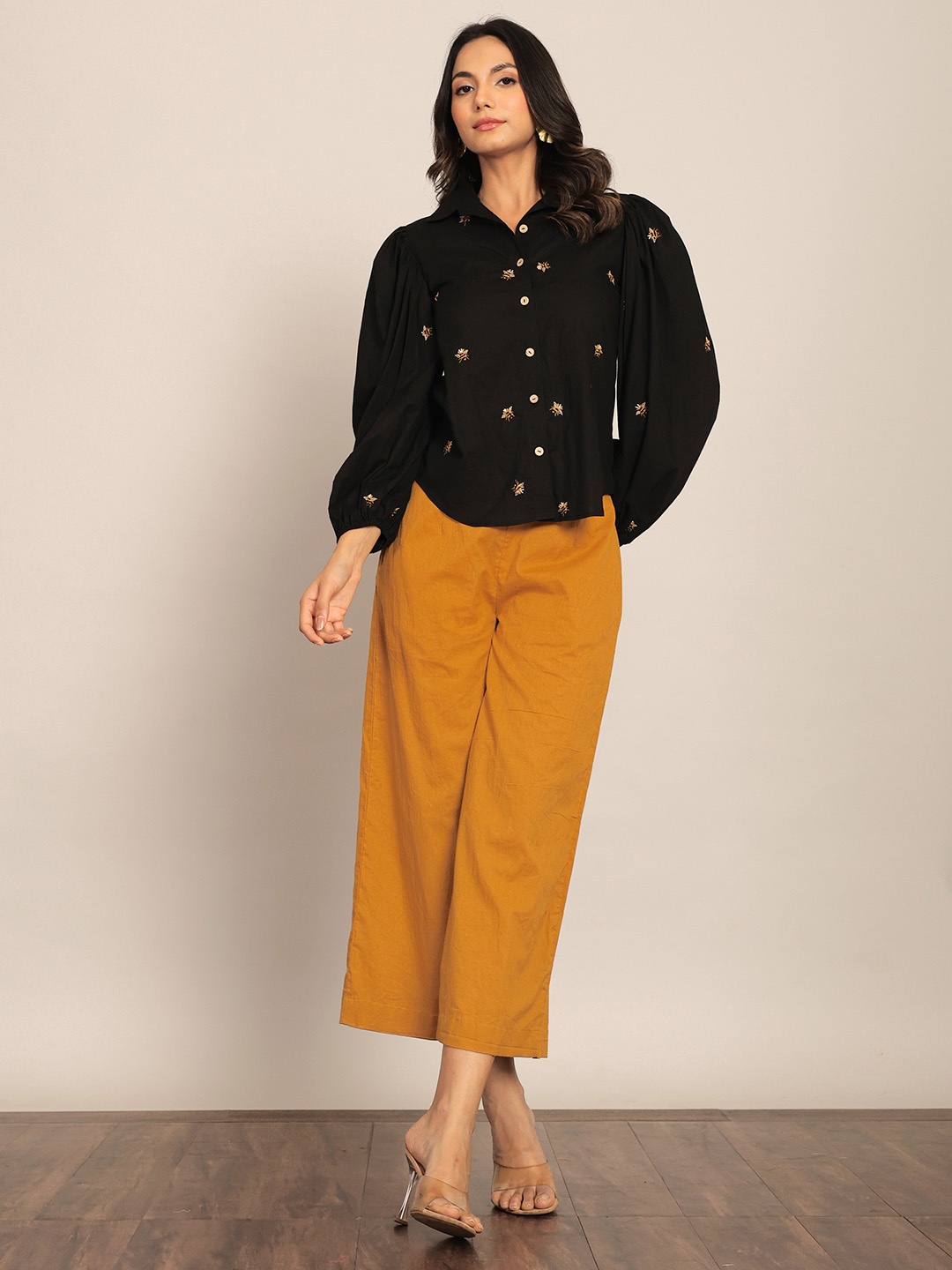 

KAORI BY SHREYA AGARWAL Embroidered Puff Sleeve Shirt & Trouser, Black