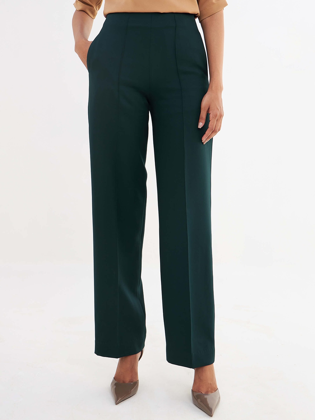 

SALT ATTIRE Women Straight Fit High-Rise Trousers, Green