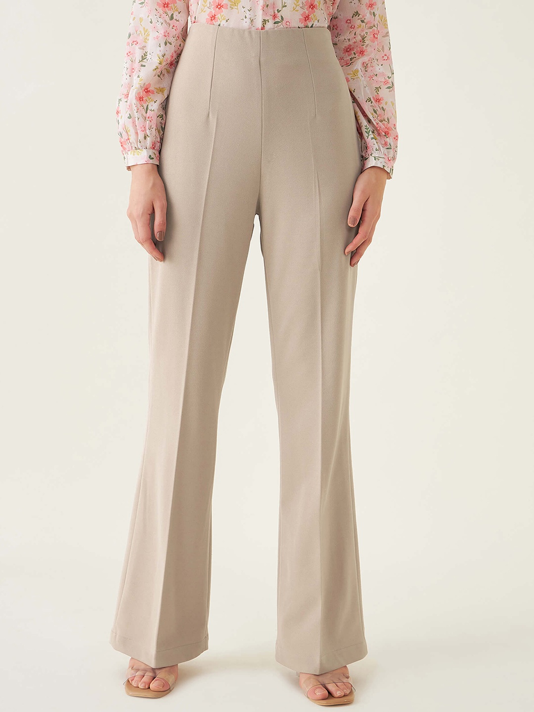 

SALT ATTIRE Women Flared High-Rise Bootcut Trousers, Beige