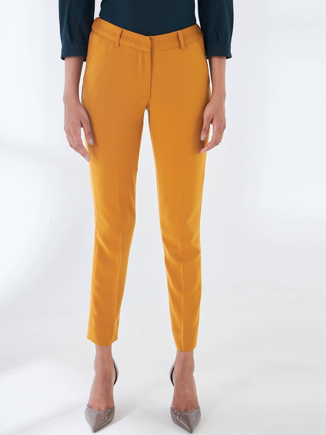 

SALT ATTIRE Women Slim Fit Mid-Rise Cropped Trousers, Mustard