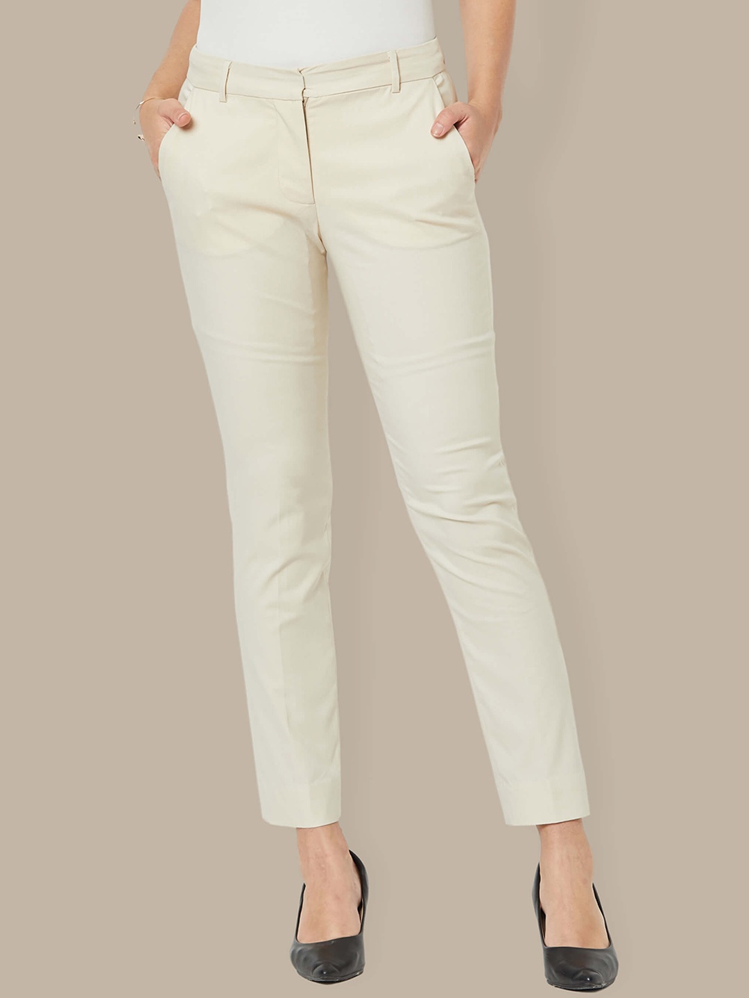 

SALT ATTIRE Women Slim Fit Trousers, Cream