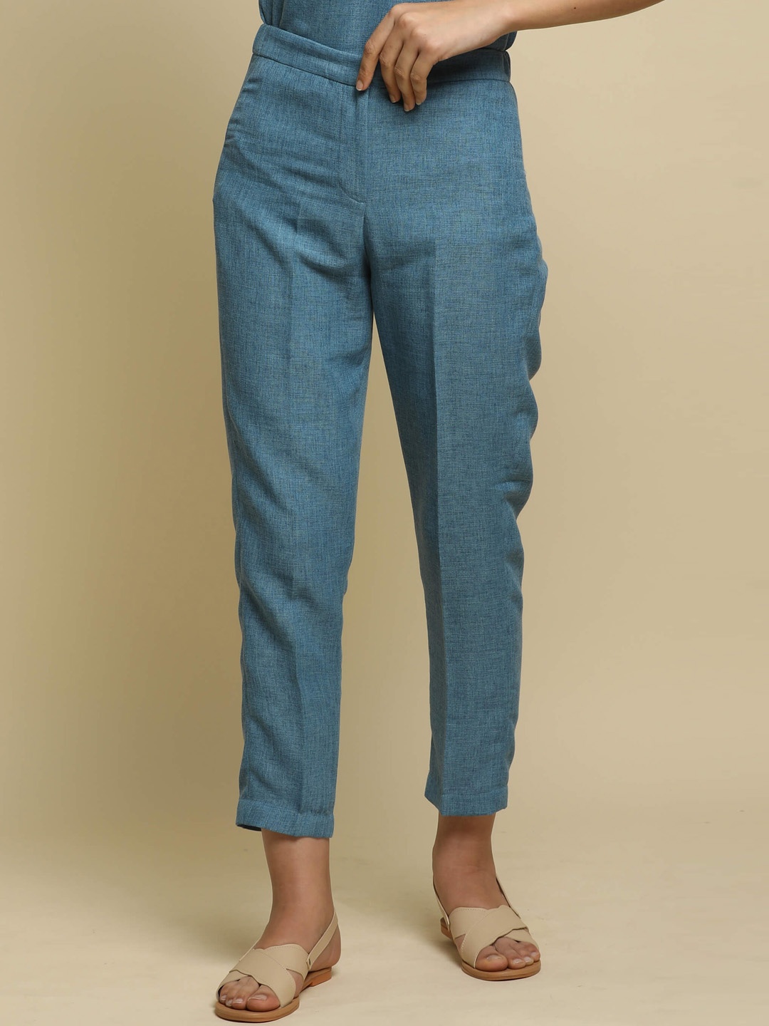 

SALT ATTIRE Women Self Design Slim Fit Linen Trousers, Blue