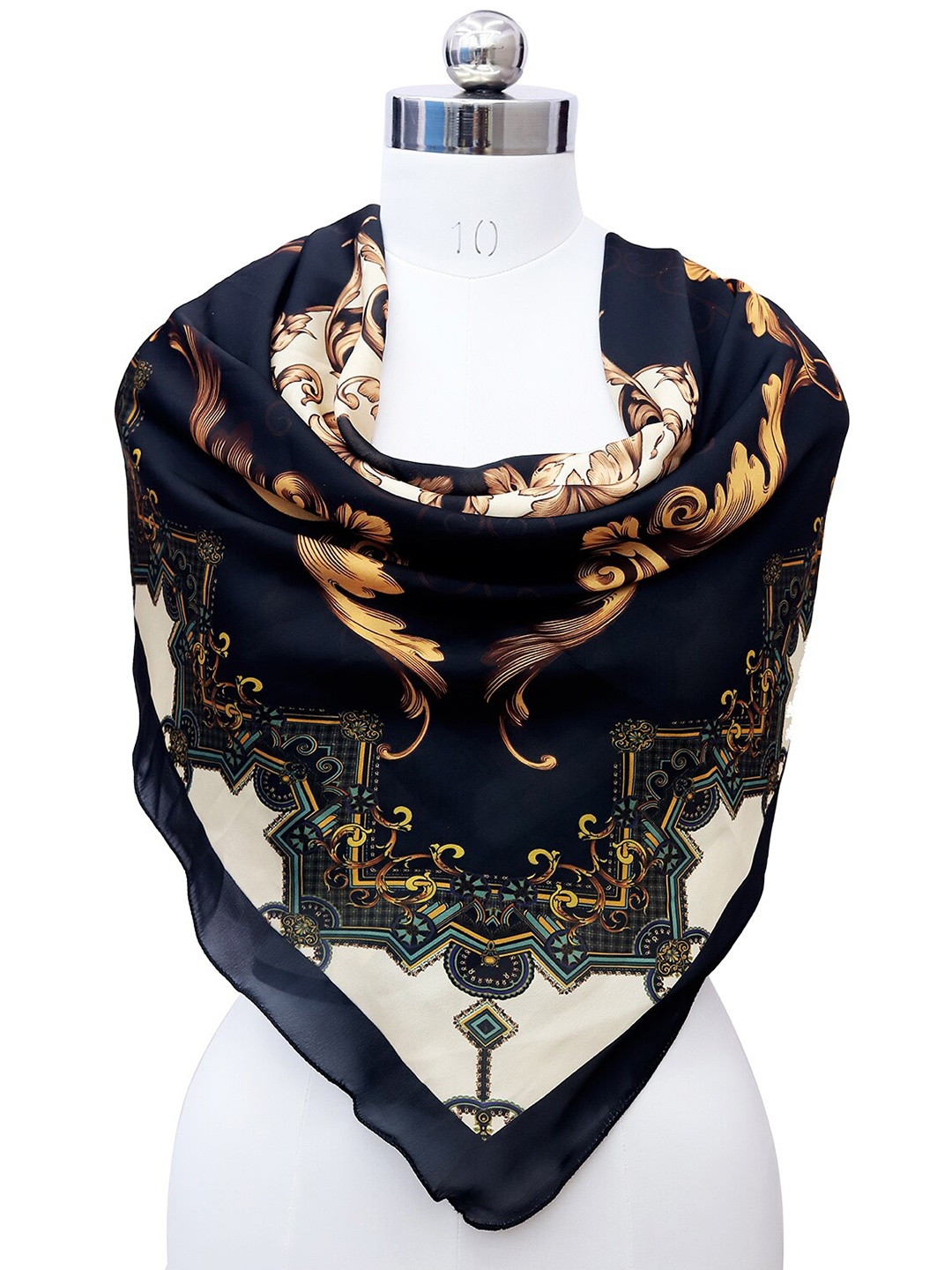 

Leeza Store Ethnic Motifs Printed Satin Scarf, Navy blue