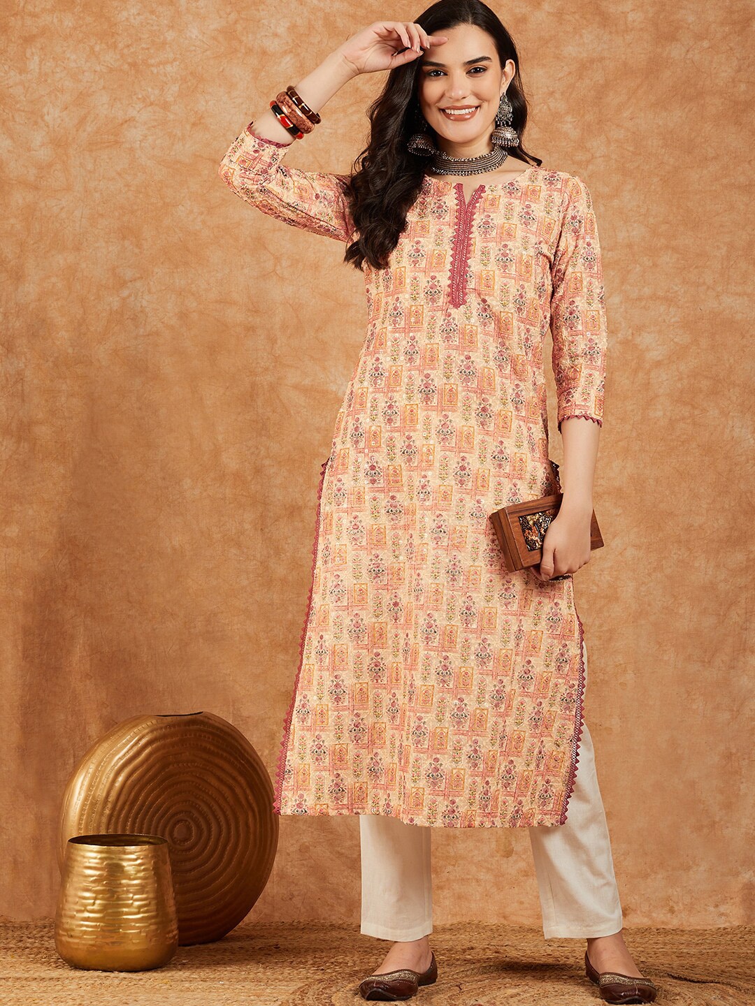 

Sangria Embroidered & Printed Pure Cotton Straight Kurta, Beige