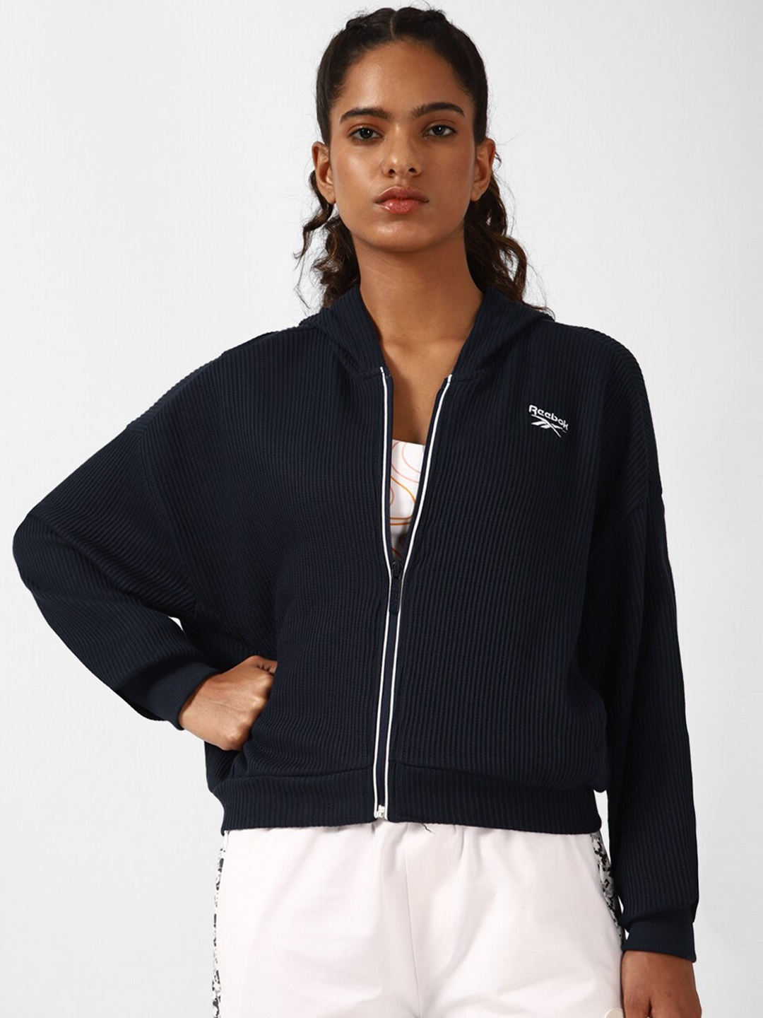

Reebok Rie Waffle Full Zip Long Sleeves Hooded Sweatshirts, Navy blue