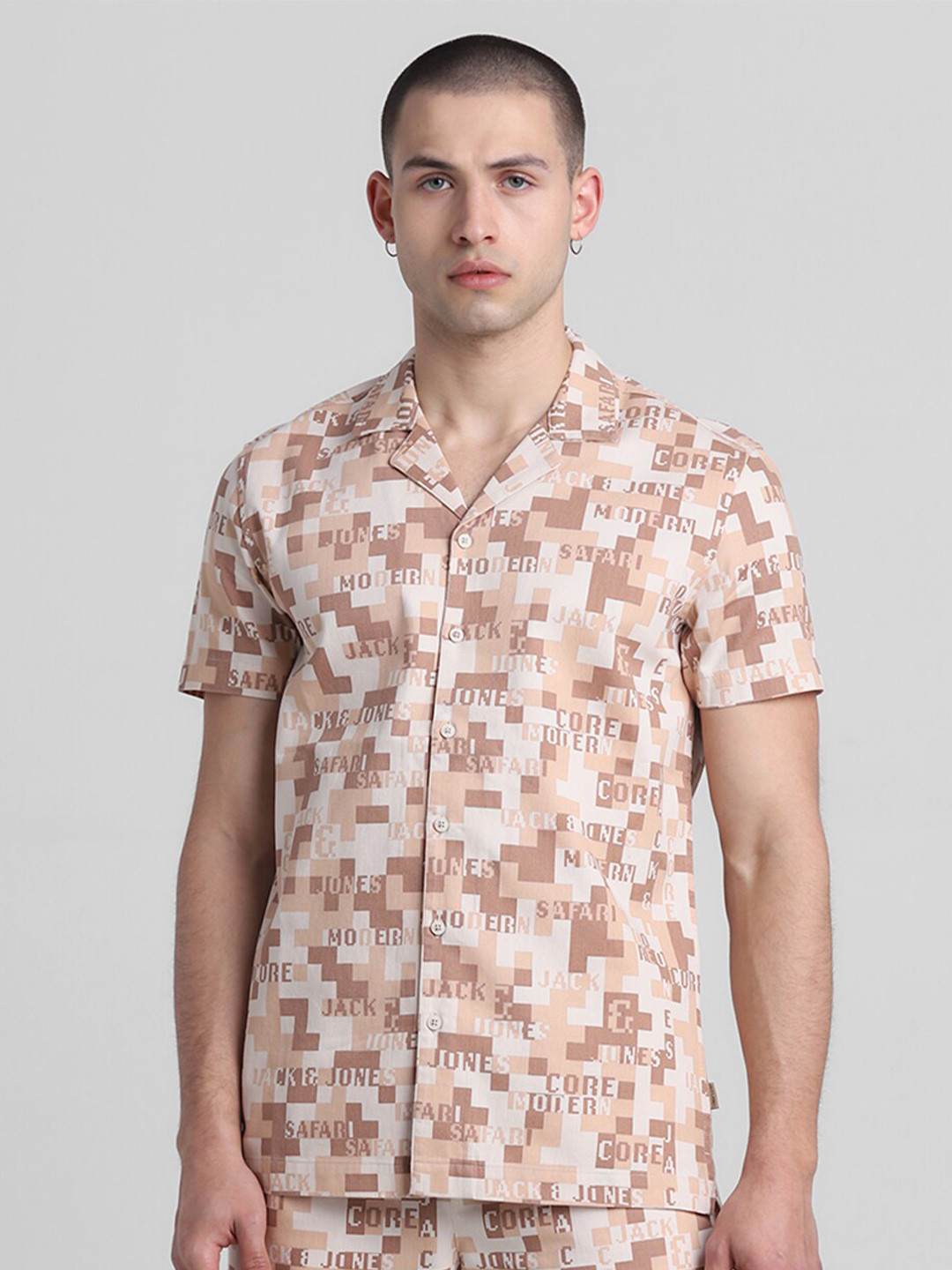 

Jack & Jones Abstract Printed Spread Collar Short Sleeves Cotton Casual Shirt, Brown