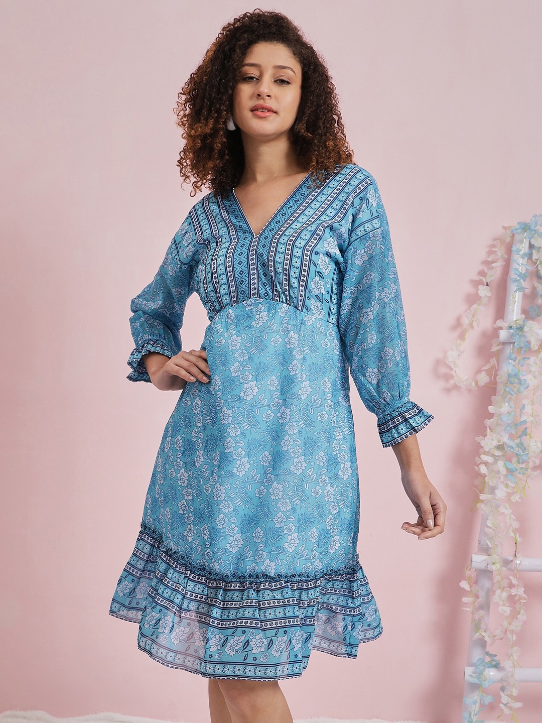 

Athena Floral Printed Georgette Dress, Blue