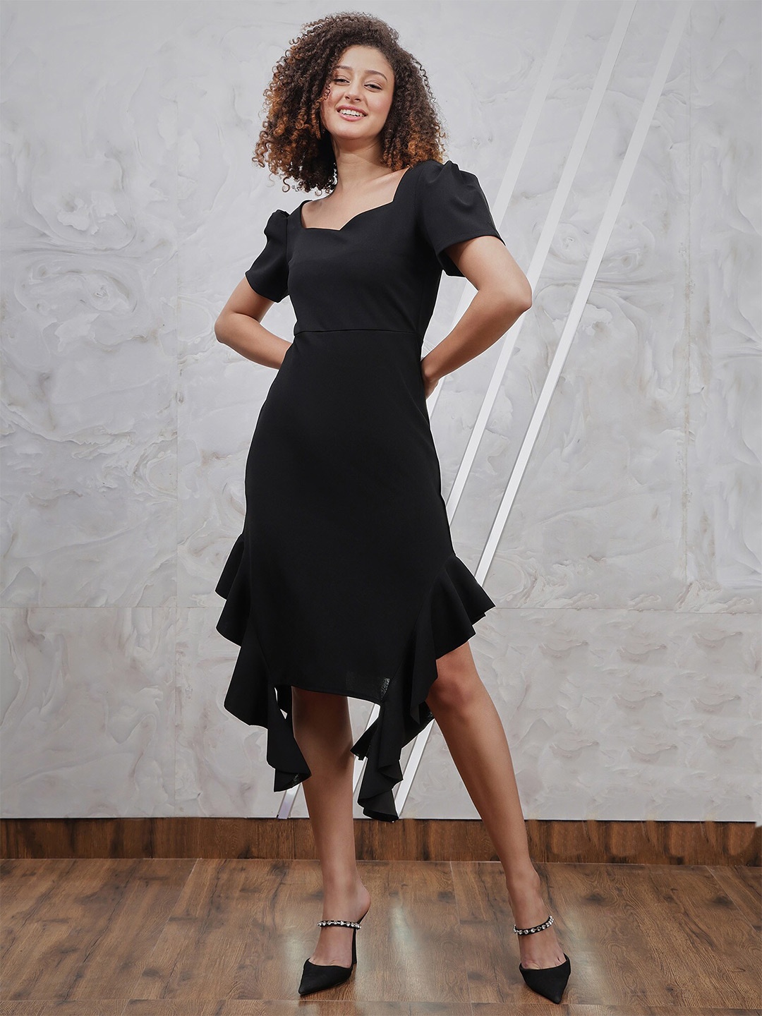 

Athena Ruffled Sweetheart Neck Fit & Flare Dress, Black