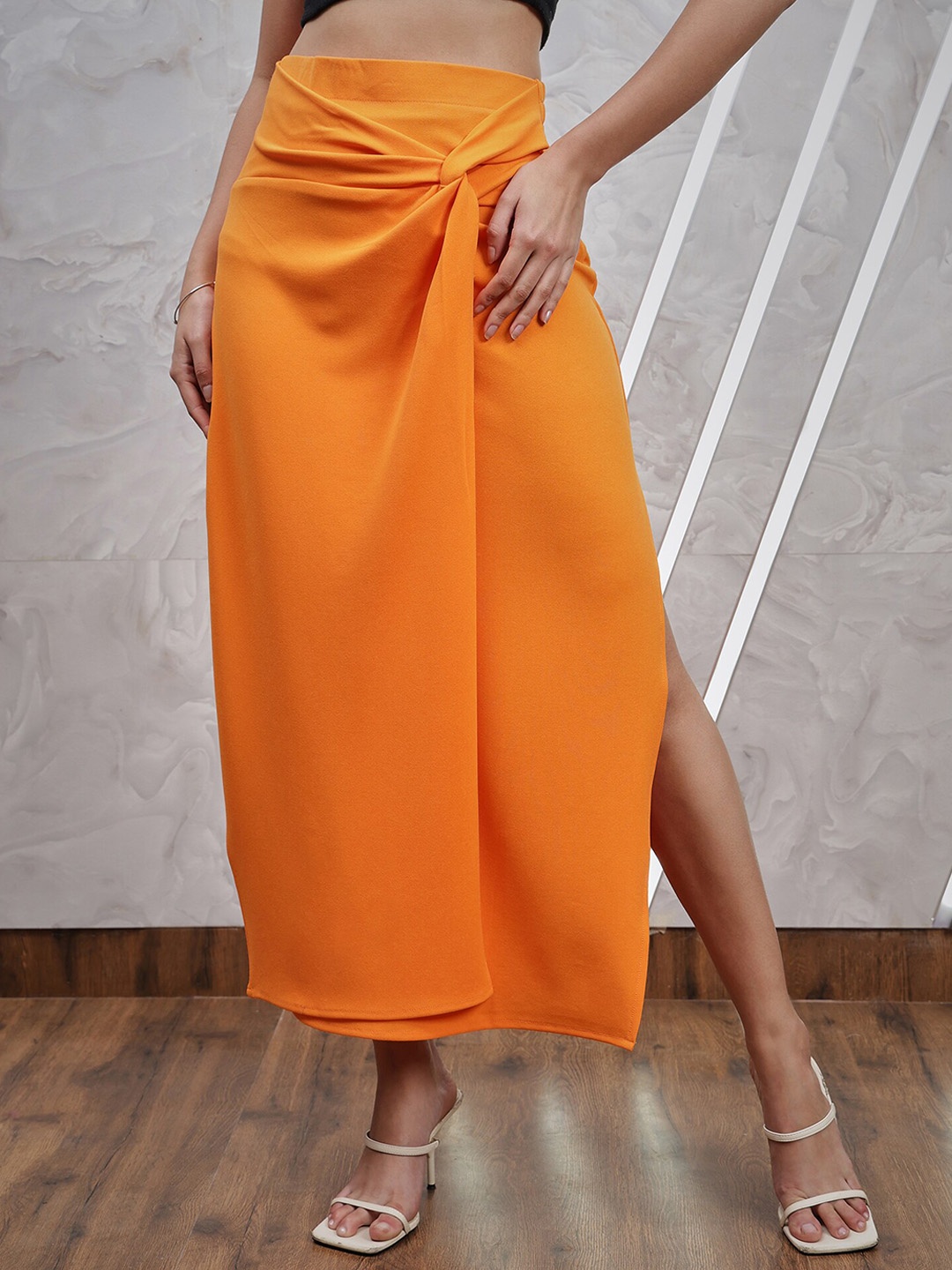 

Athena Orange-Coloured Knotting Straight Midi Skirt