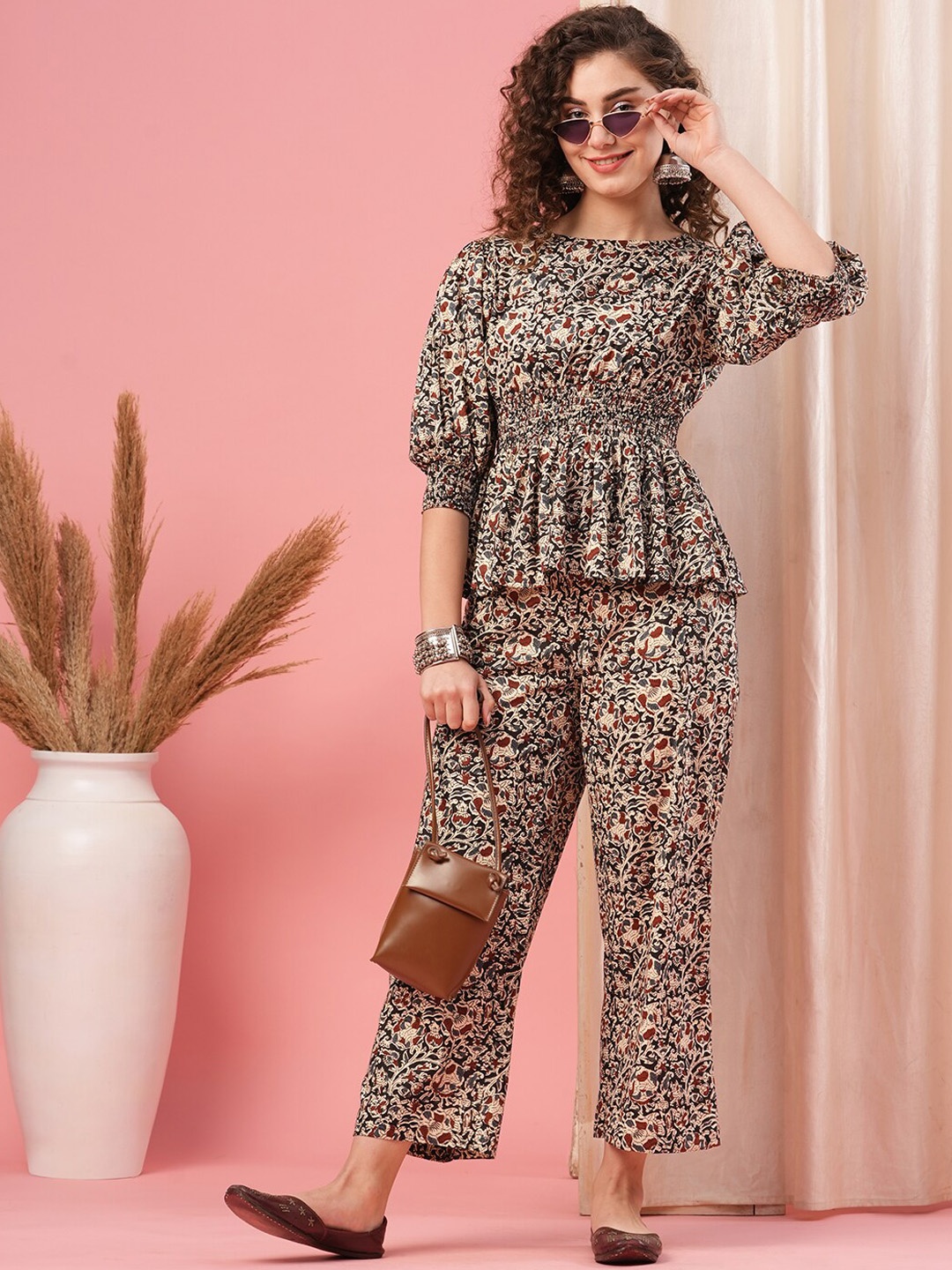 

Globus Black Ethnic Motif Printed Puff Sleeve Pure Cotton Top & Trouser