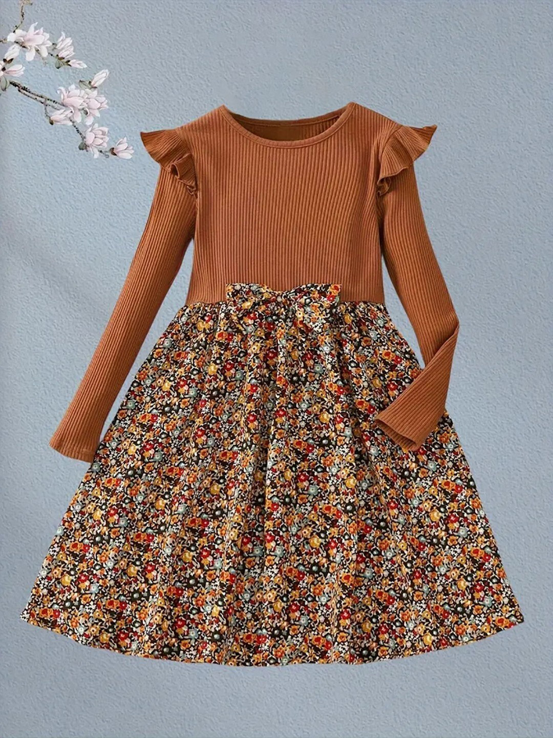 

BAESD Girls Floral Printed Round Neck Fit & Flare Dress, Brown