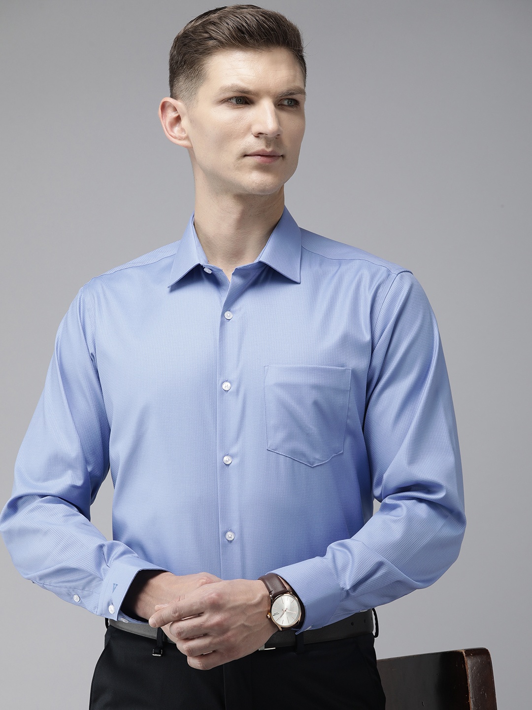 

Van Heusen Pure Cotton Self Design Textured Custom Fit Formal Shirt, Blue