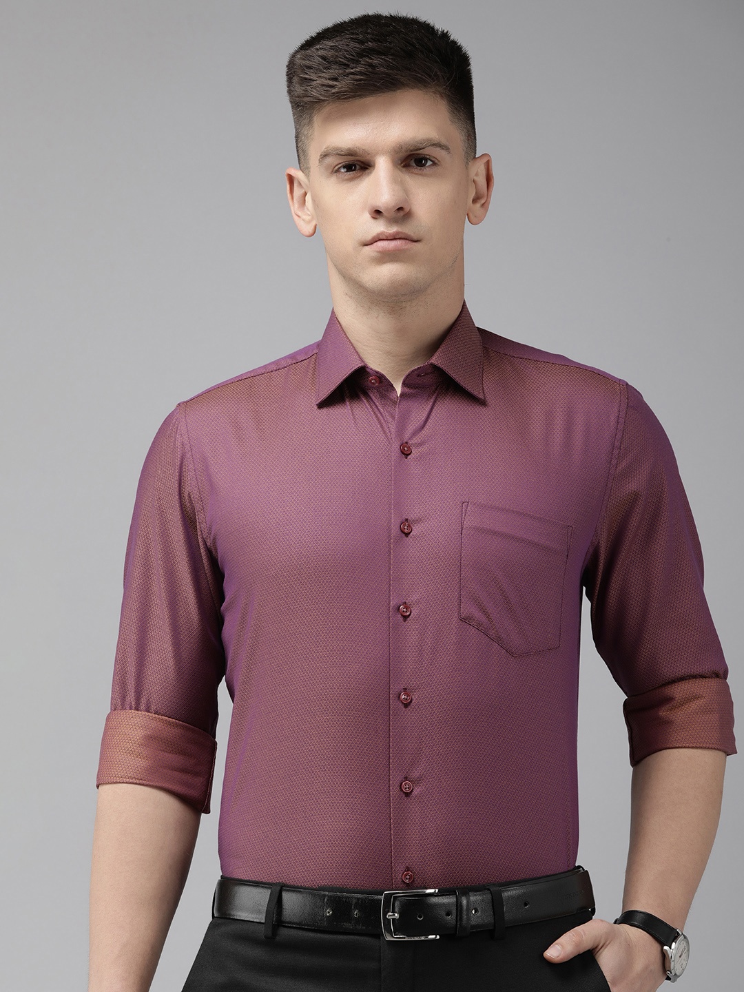 

Van Heusen Pure Cotton Slim Fit Self Design Textured Formal Shirt, Purple