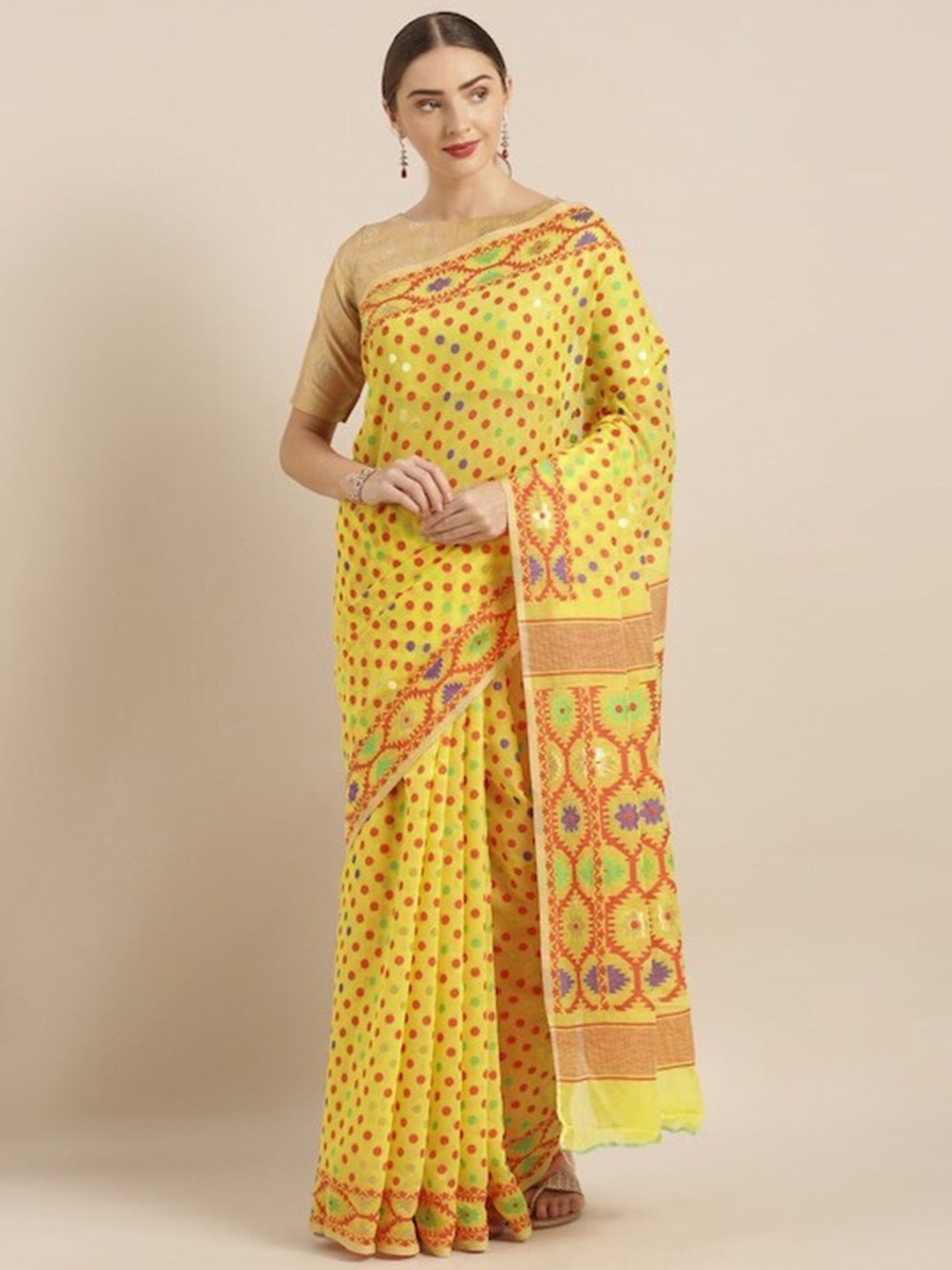 

PATLIPALLU Polka Dots Woven Design Jamdani Saree, Yellow