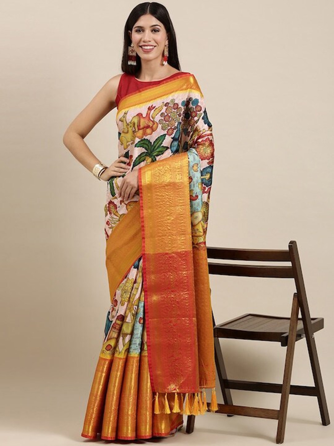 

PATLIPALLU Kalamkari Printed Zari Banarasi Saree, Beige