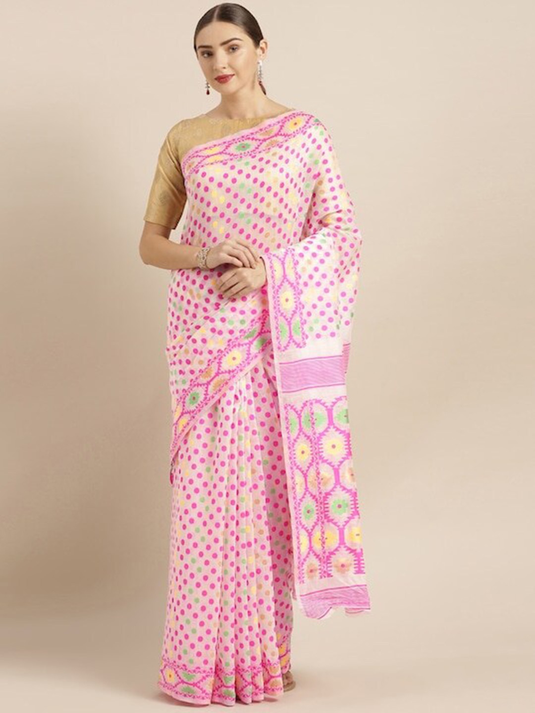 

PATLIPALLU Polka Dots Woven Design Jamdani Saree, White
