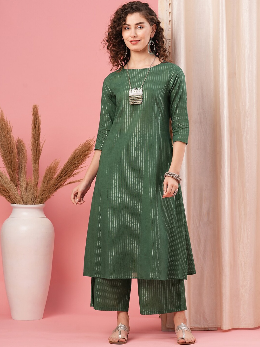 

Globus Striped A Line Kurta & Palazzo Set, Green