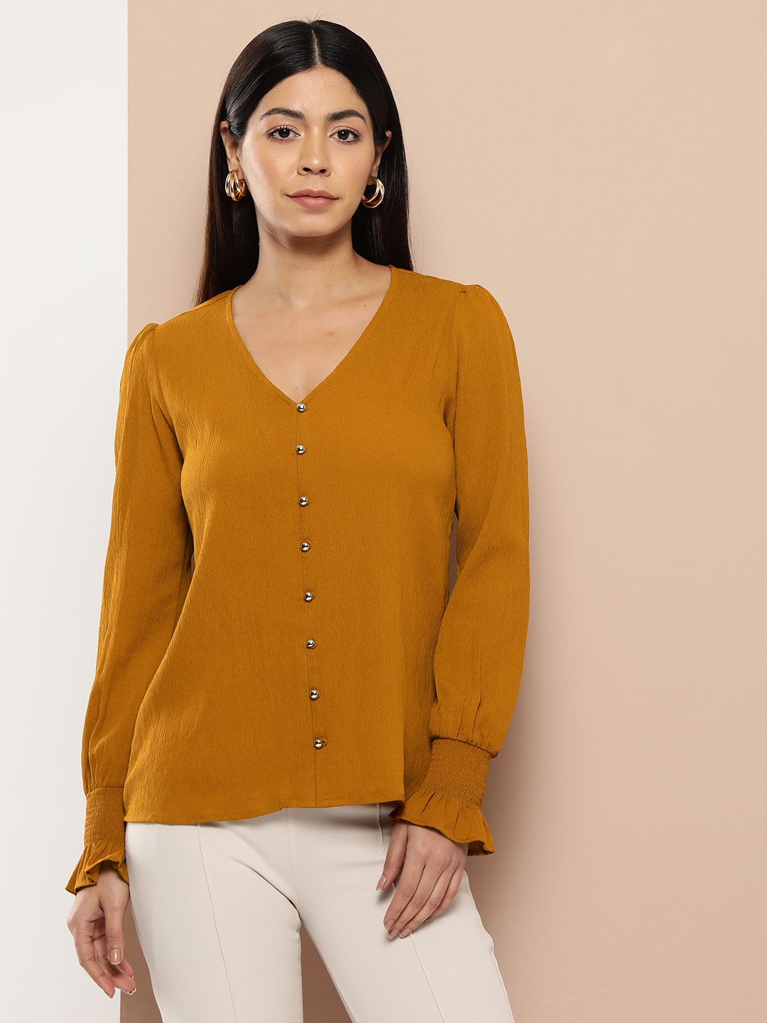 

Chemistry Puff Sleeves Smocked Crepe Top, Mustard