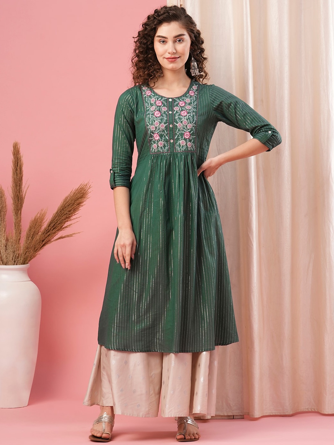 

Globus Green Floral Embroidered Roll Up Sleeves A-Line Kurta