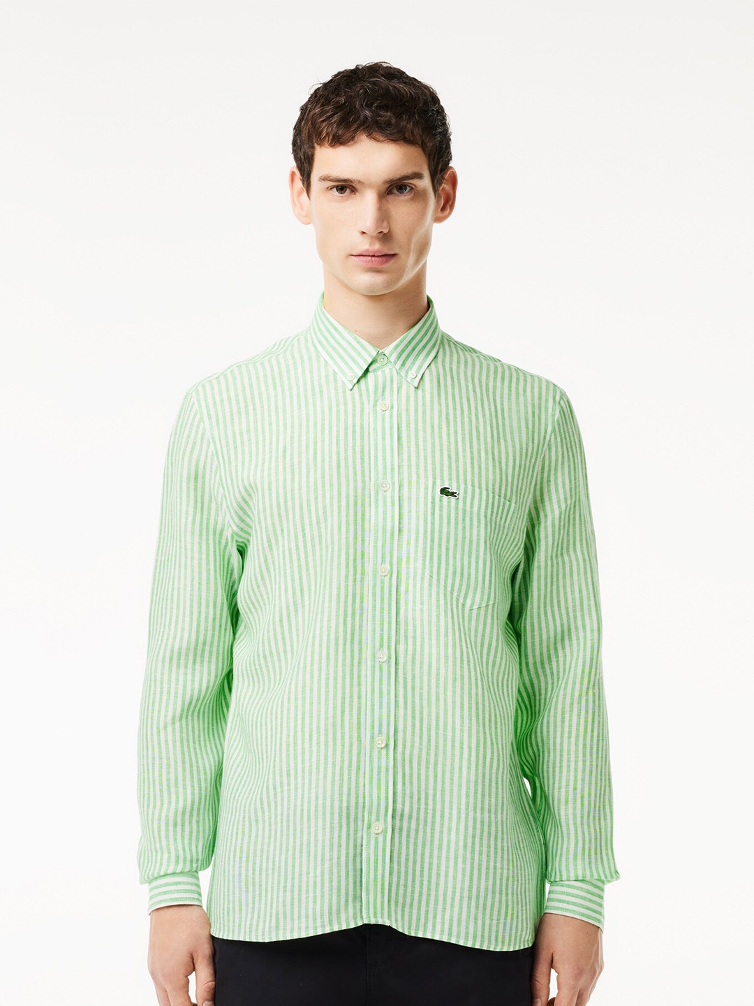 

Lacoste Striped Button-Down Collar Linen Casual Shirt, Green