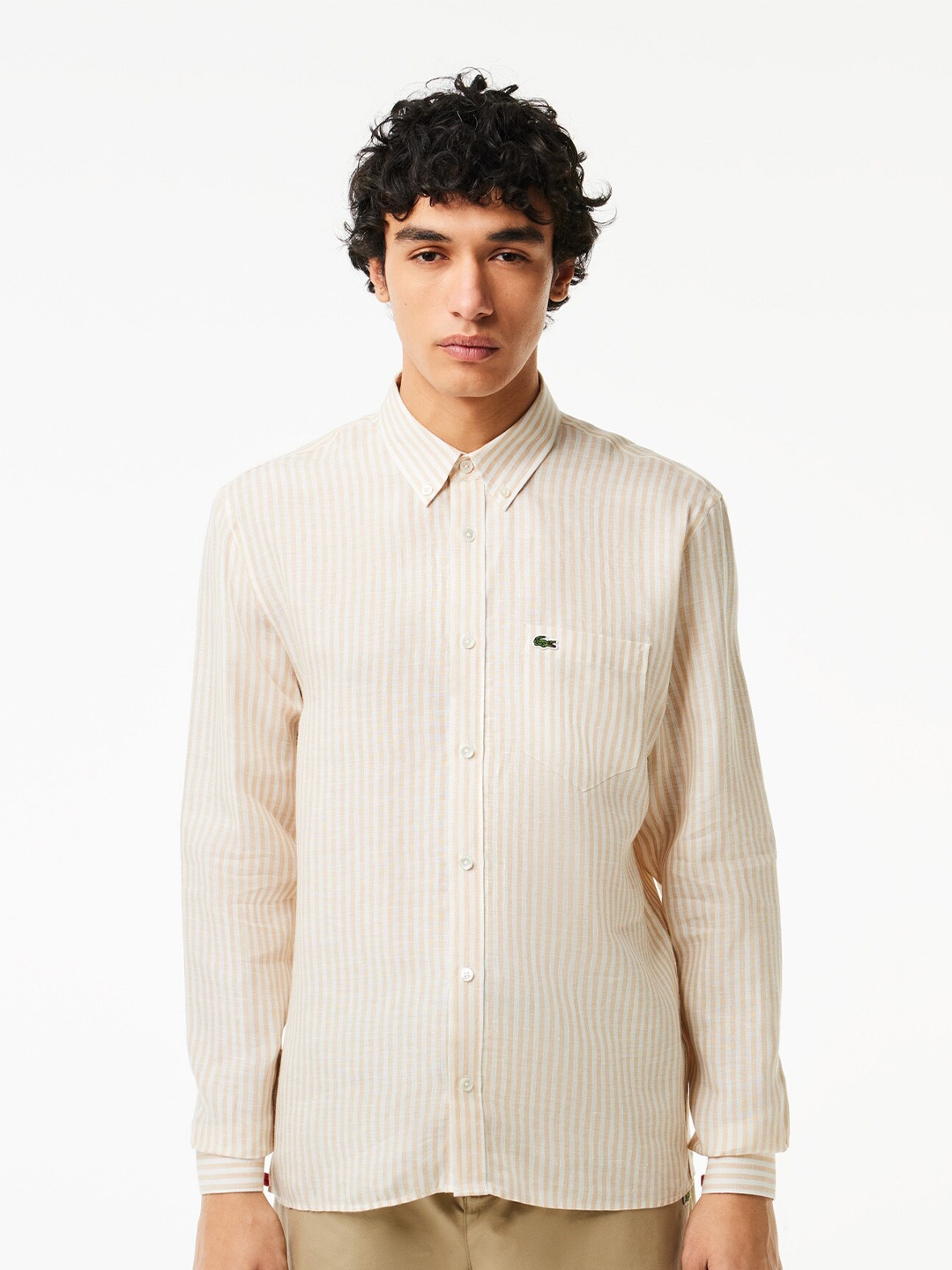 

Lacoste Vertical Striped Button-Down Collar Linen Casual Shirt, Beige