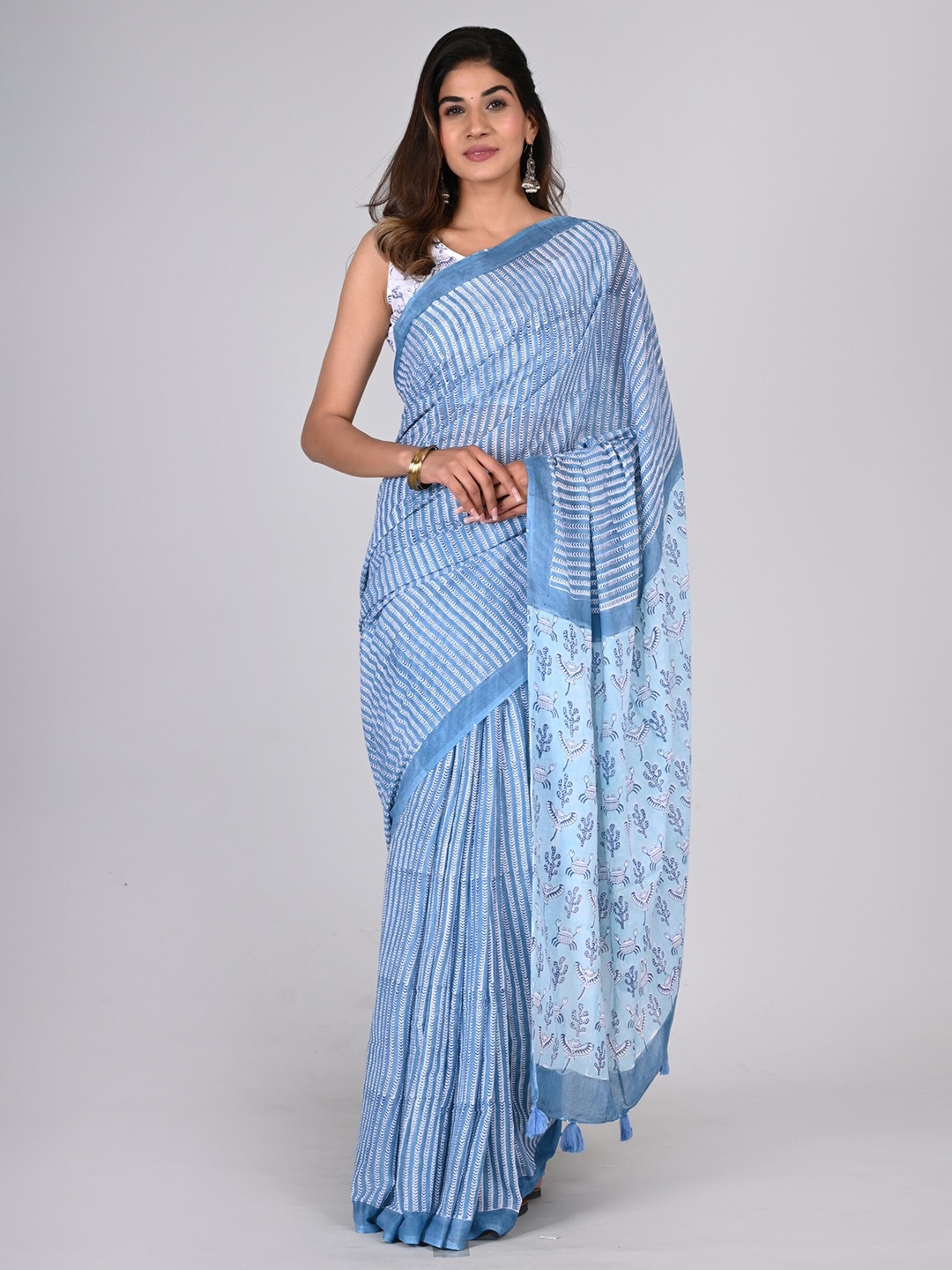 

Shivanya Handicrafts Striped Printed Pure Cotton Saree, Blue