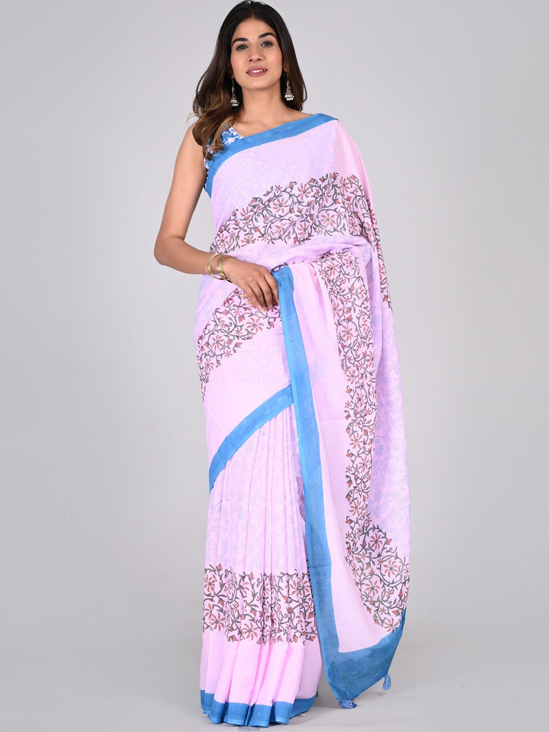 

Shivanya Handicrafts Mulmul Cotton Block Print Saree, Pink