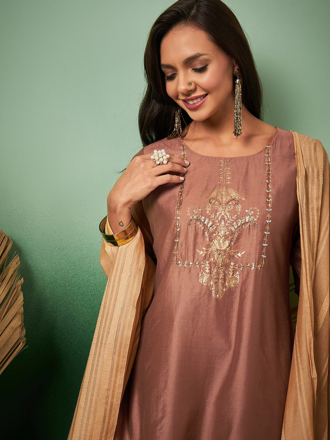 

Sangria Embroidery Straight Kurta With Trouser & Dupatta Set, Brown