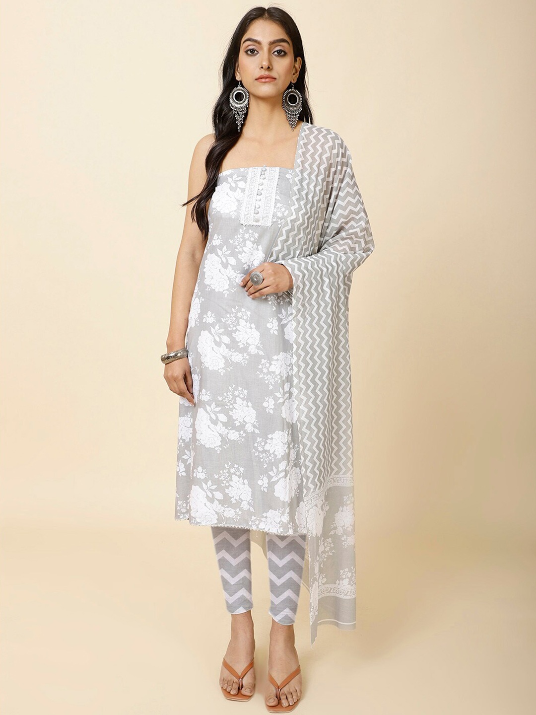 

Meena Bazaar Floral Printed Unstitched Dress Material, Grey