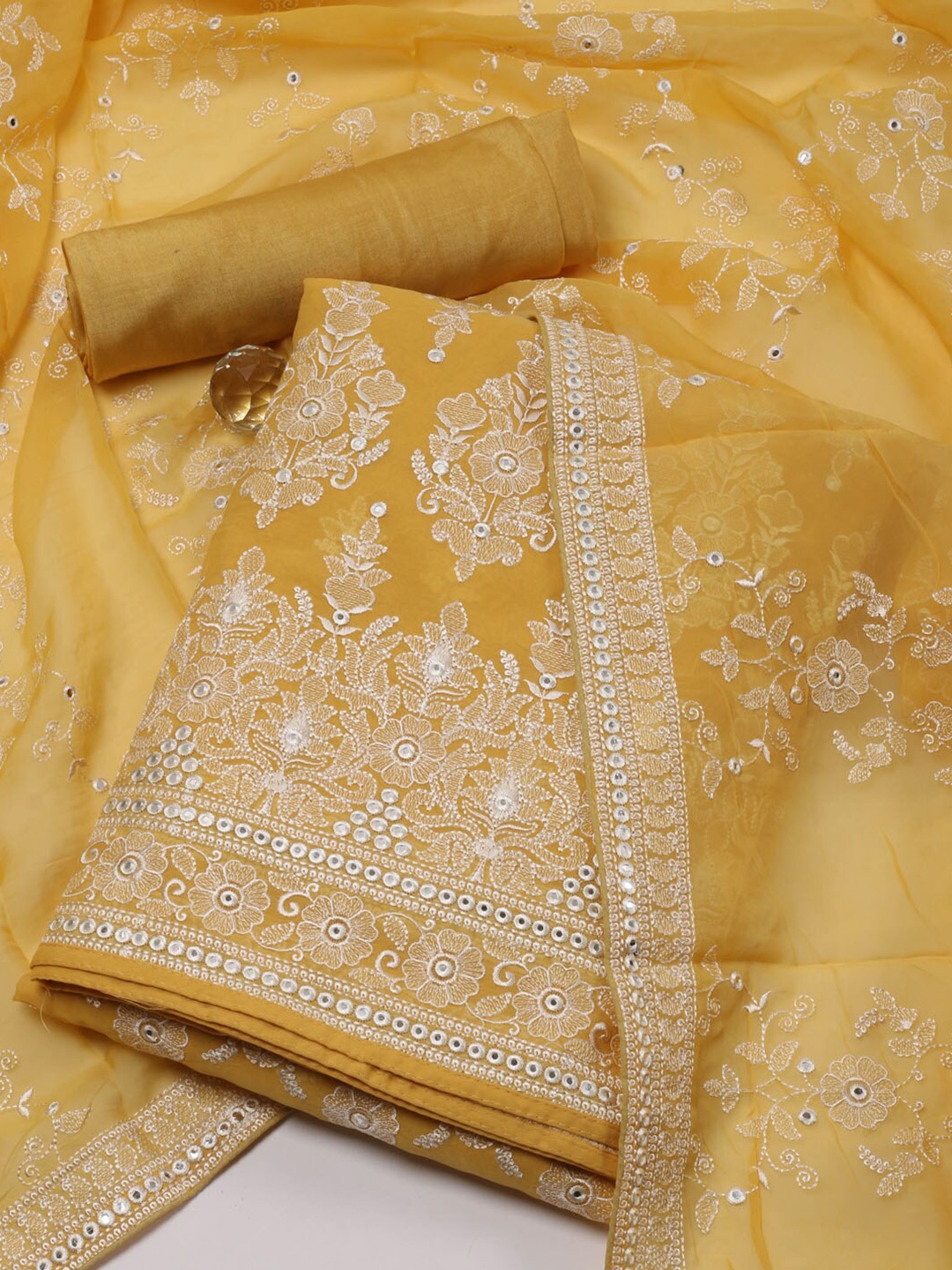 

Meena Bazaar Floral Embroidered Organza Unstitched Dress Material, Mustard